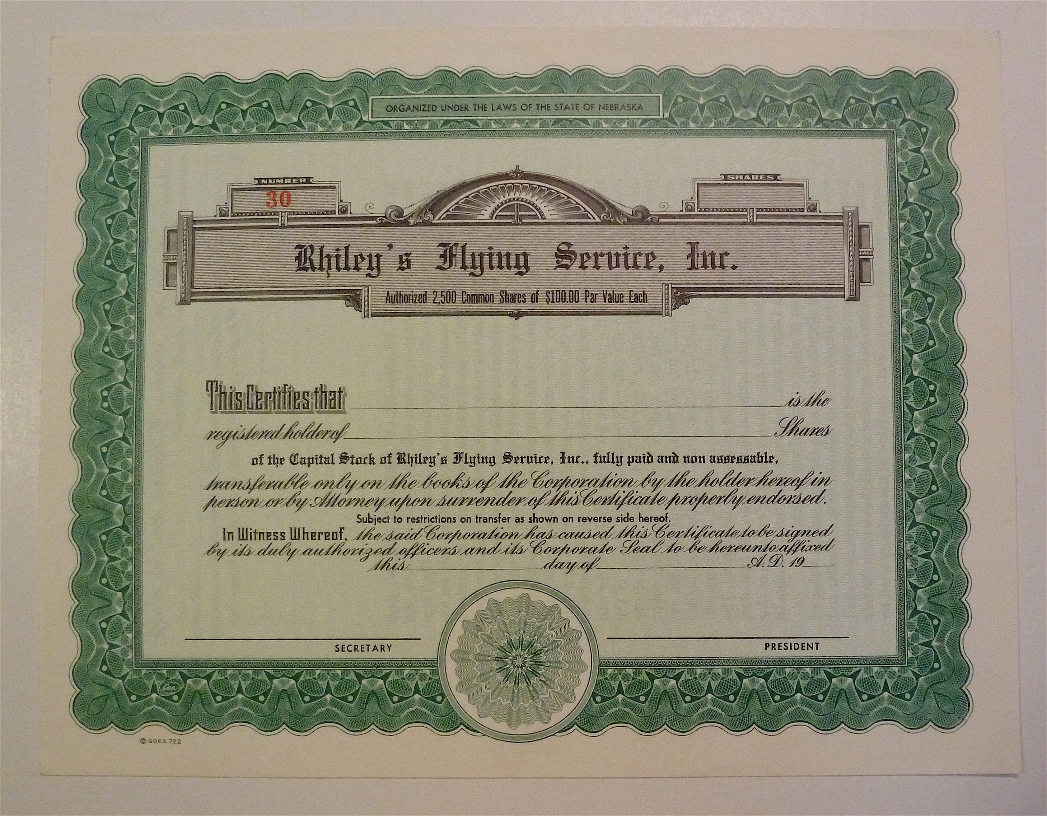 Rhiley's Flying Services Inc. Stock Certificate