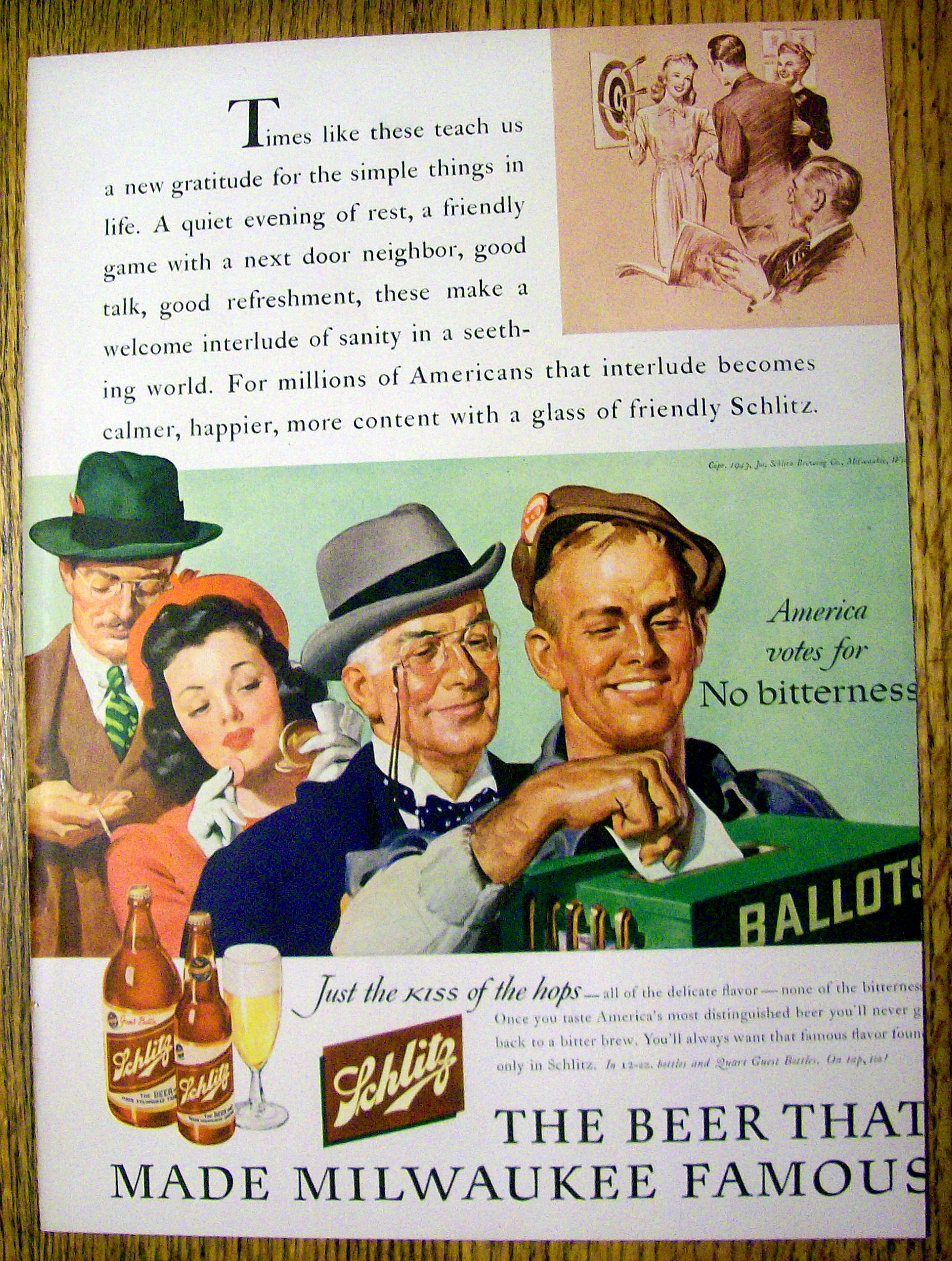 1943 Schlitz Beer with People in Line to Vote