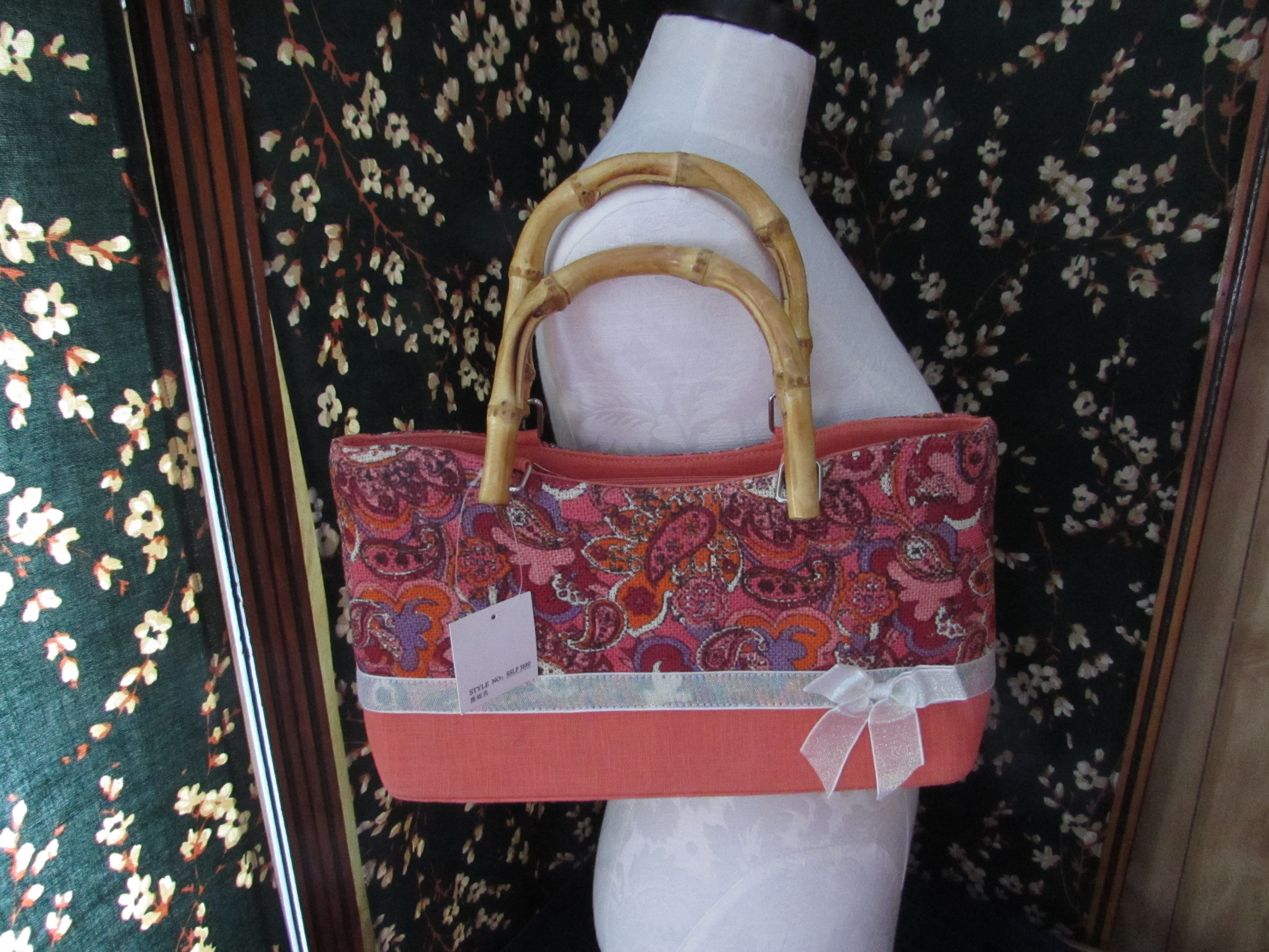 Paisley Floral Abstract handbag with bamboo handles