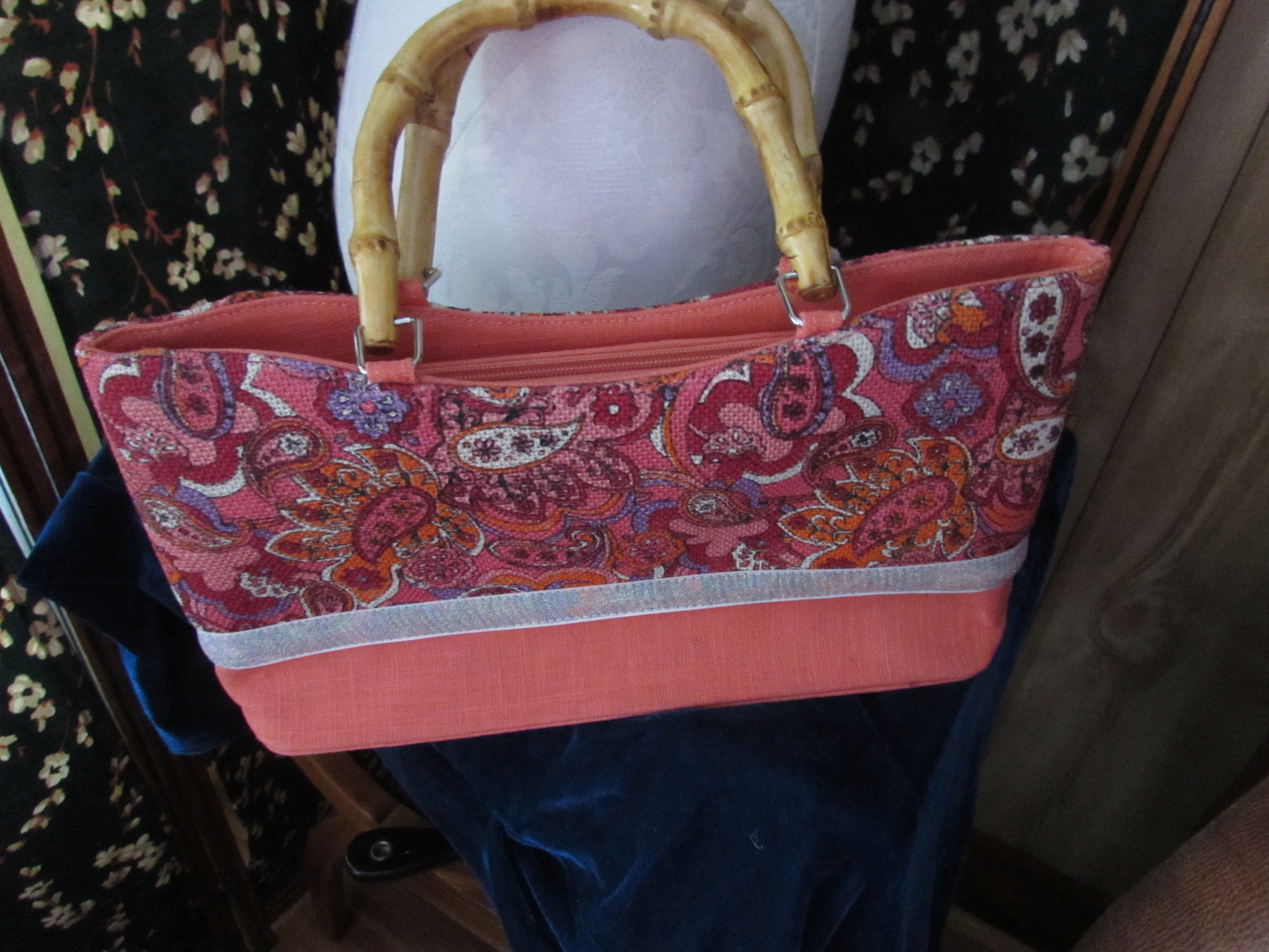 Paisley Floral Abstract handbag with bamboo handles