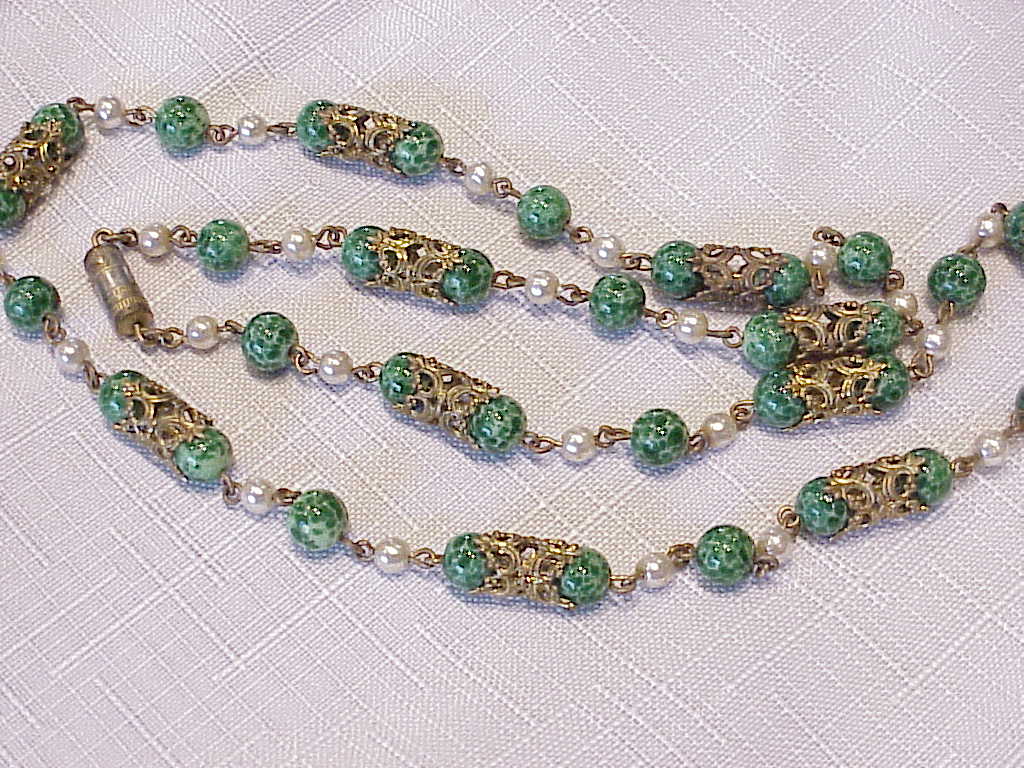 Vintage Green Glass Bead, Pearl And Gold Tone Filigree Necklace