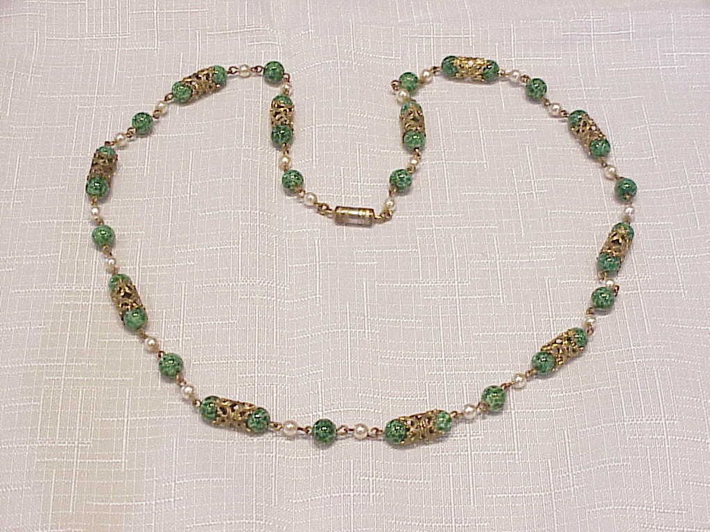 Vintage Green Glass Bead, Pearl And Gold Tone Filigree Necklace