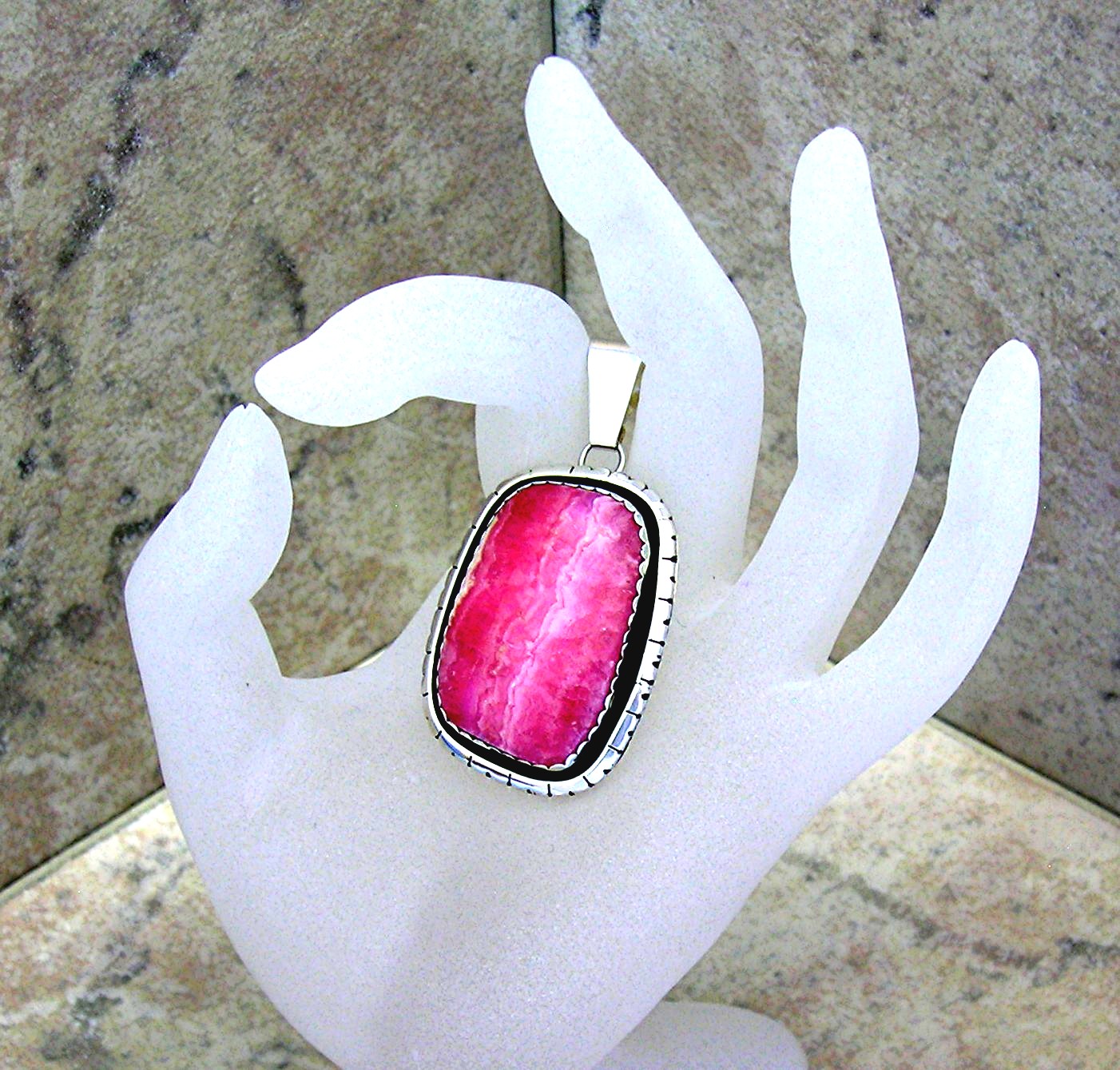 Navajo Rhodochrosite Signed P.M Sterling Silver Pendant