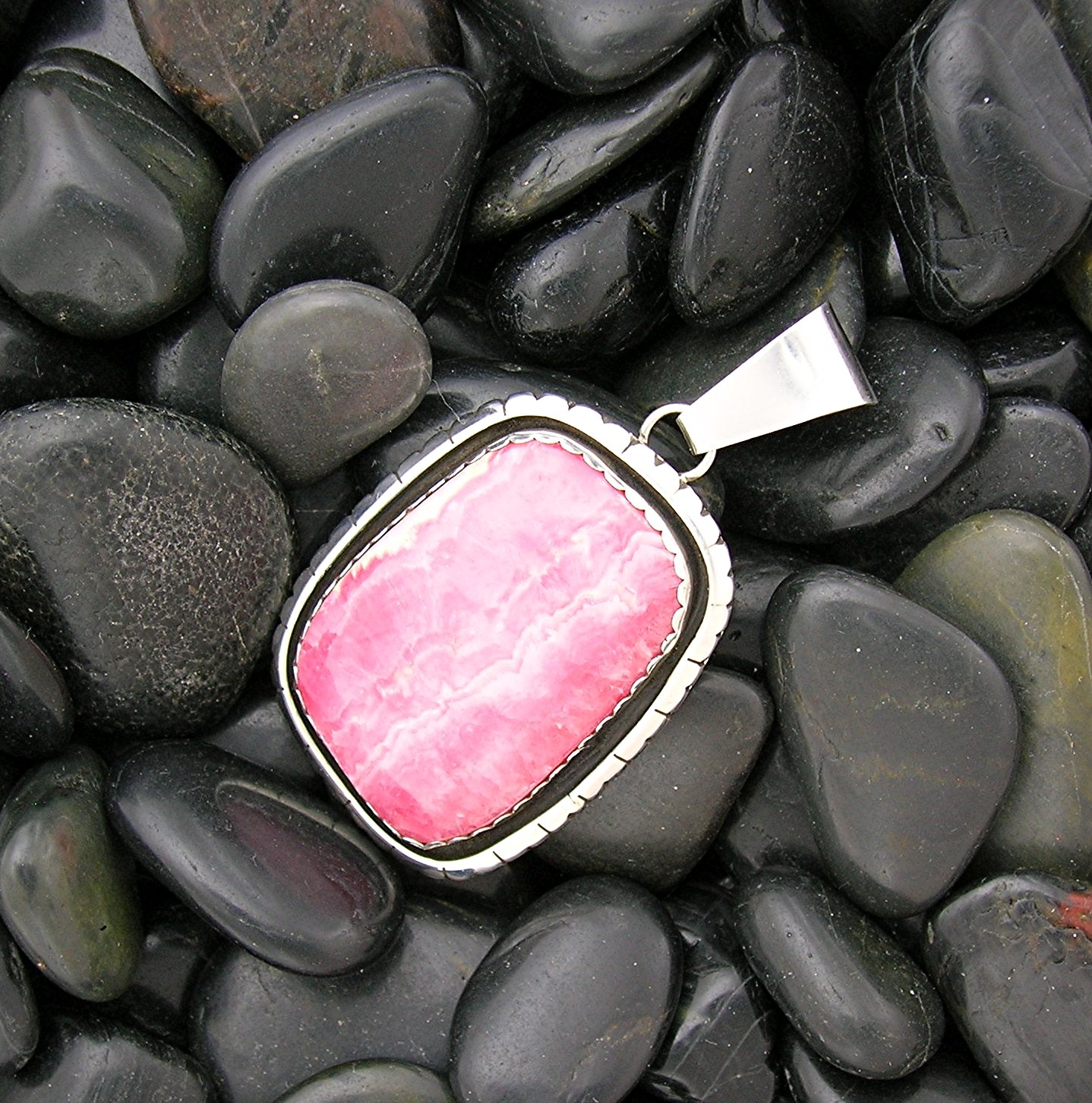 Navajo Rhodochrosite Signed P.M Sterling Silver Pendant