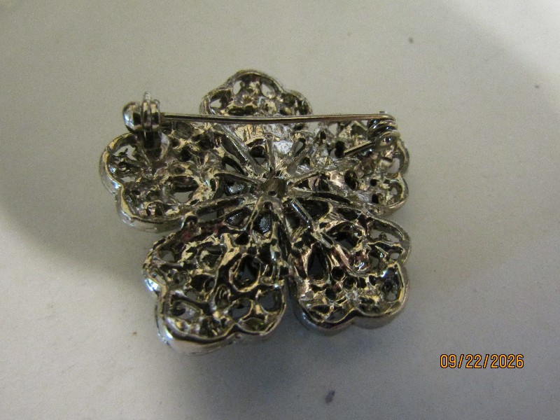 Vintage Silver Tone Black Rhinestone Flower Brooch Pin