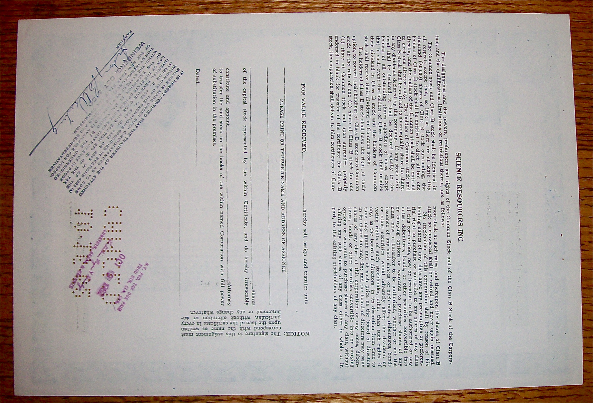1962 Science Resources Incorporated Stock Certificate