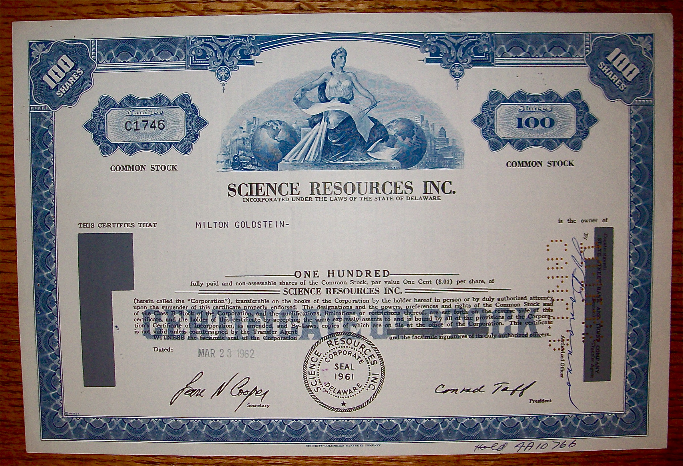 1962 Science Resources Incorporated Stock Certificate