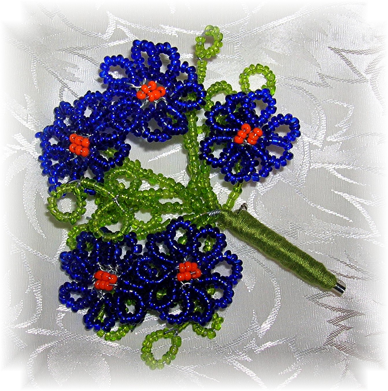 3 3/8 Vintage Beaded Spray Flower Brooch Pin