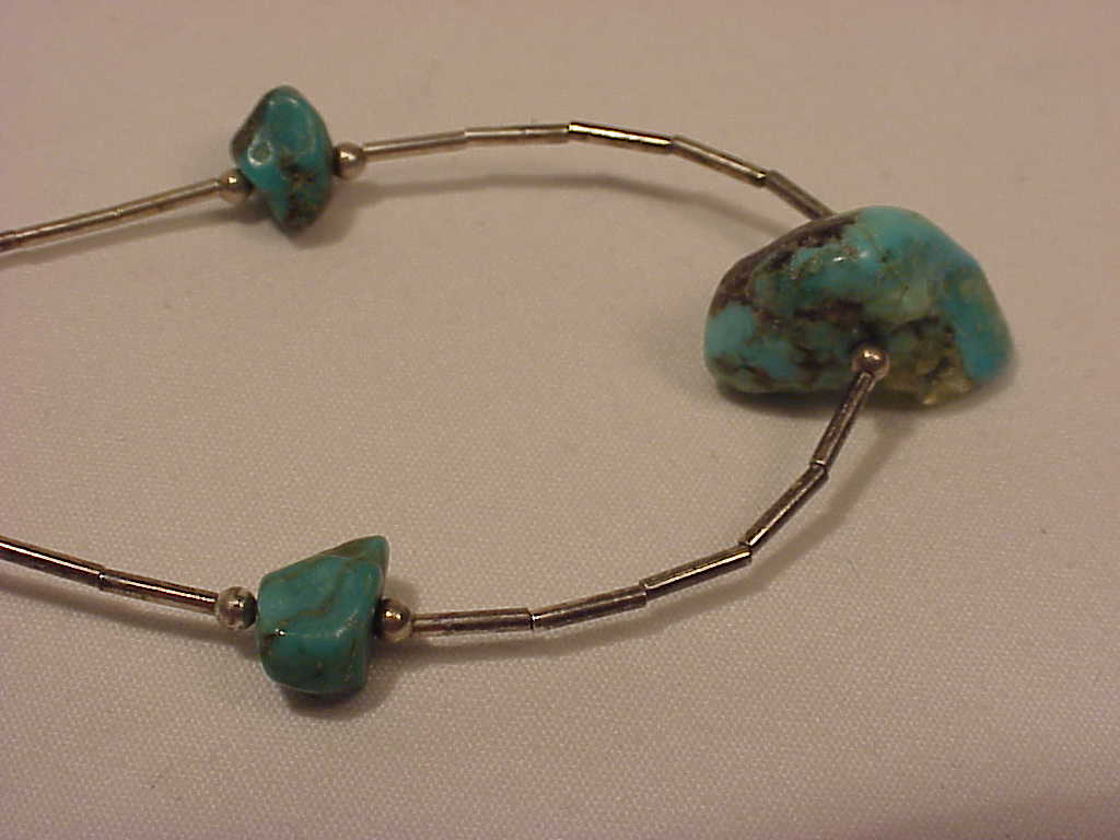 Native American Liquid Silver And Turquoise Nugget Necklace