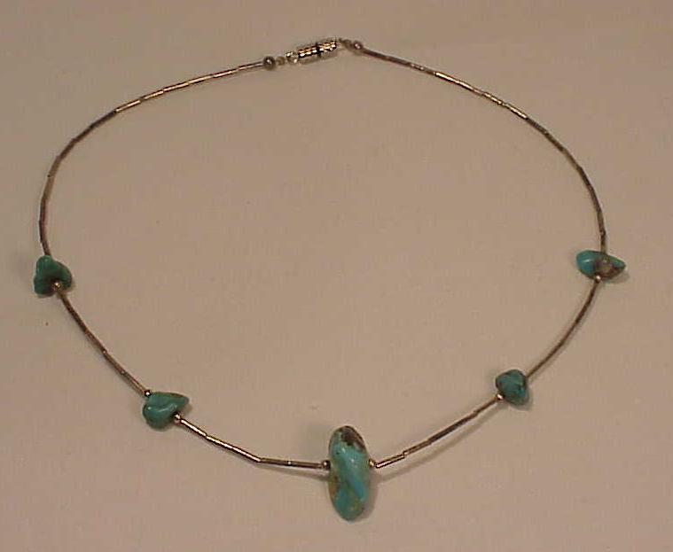 Native American Liquid Silver And Turquoise Nugget Necklace