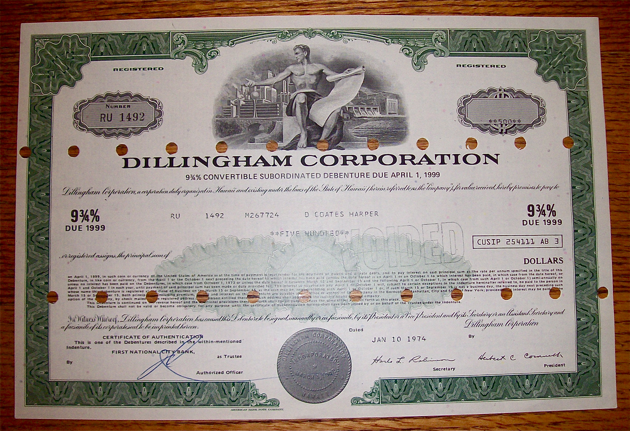 1974 Dillingham Corporation $500 Debenture Note