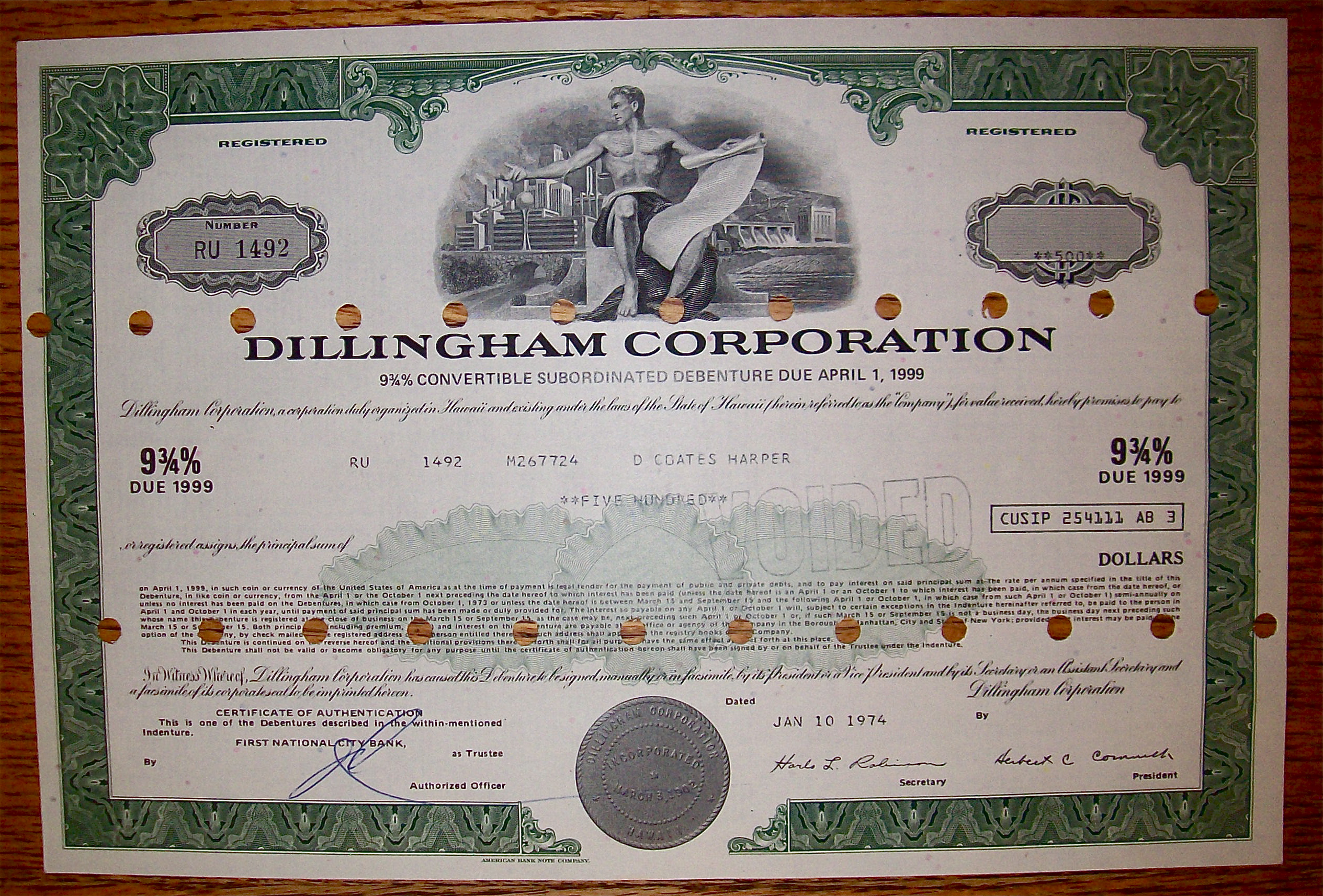 1974 Dillingham Corporation $500 Debenture Note