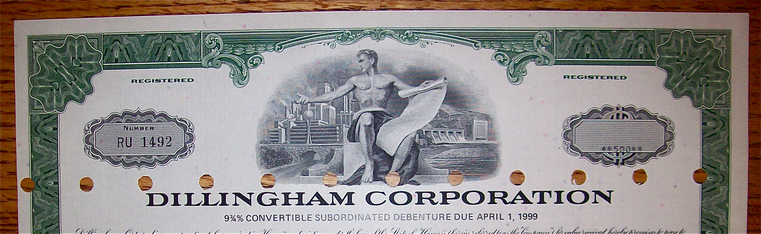 1974 Dillingham Corporation $500 Debenture Note