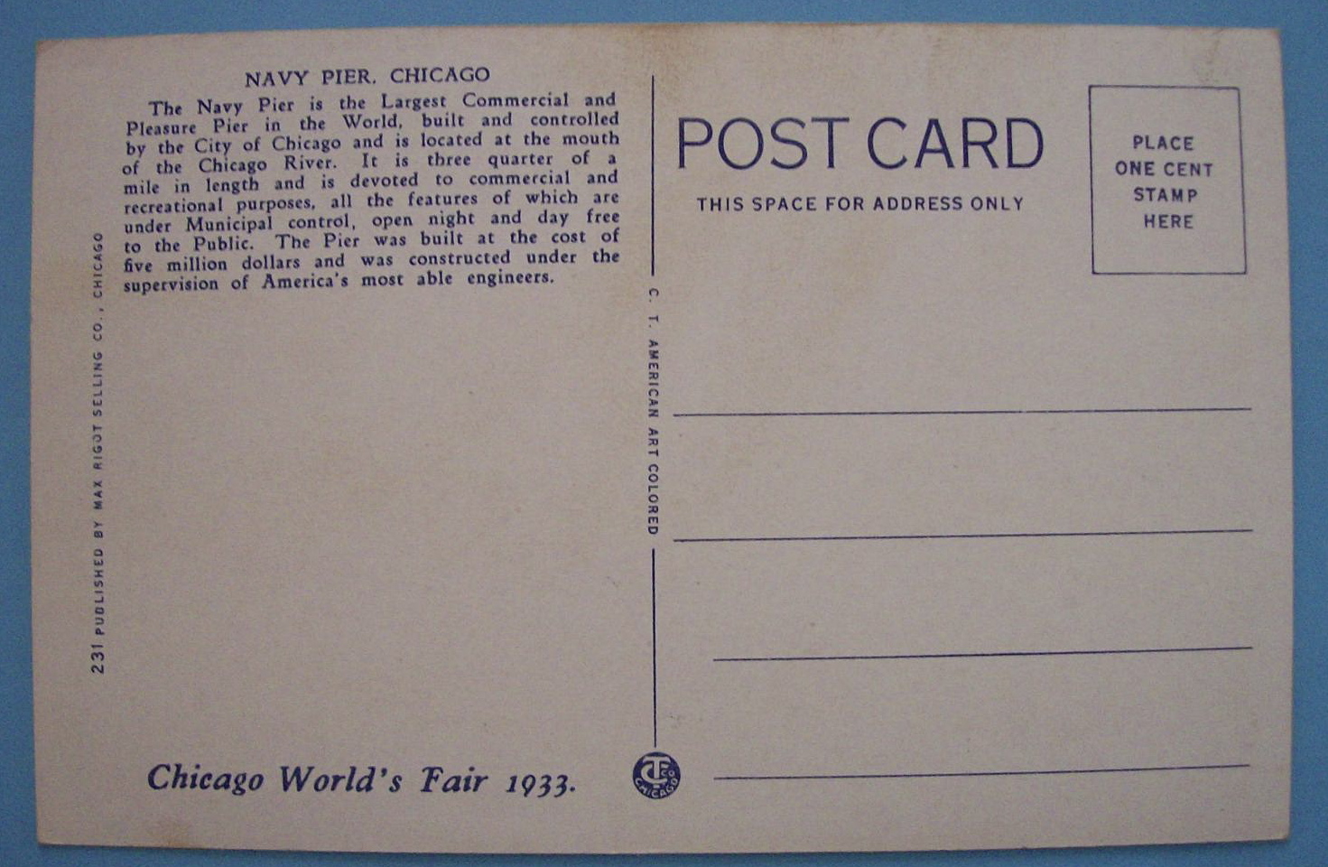 1933 Century Of Progress Navy Pier Postcard