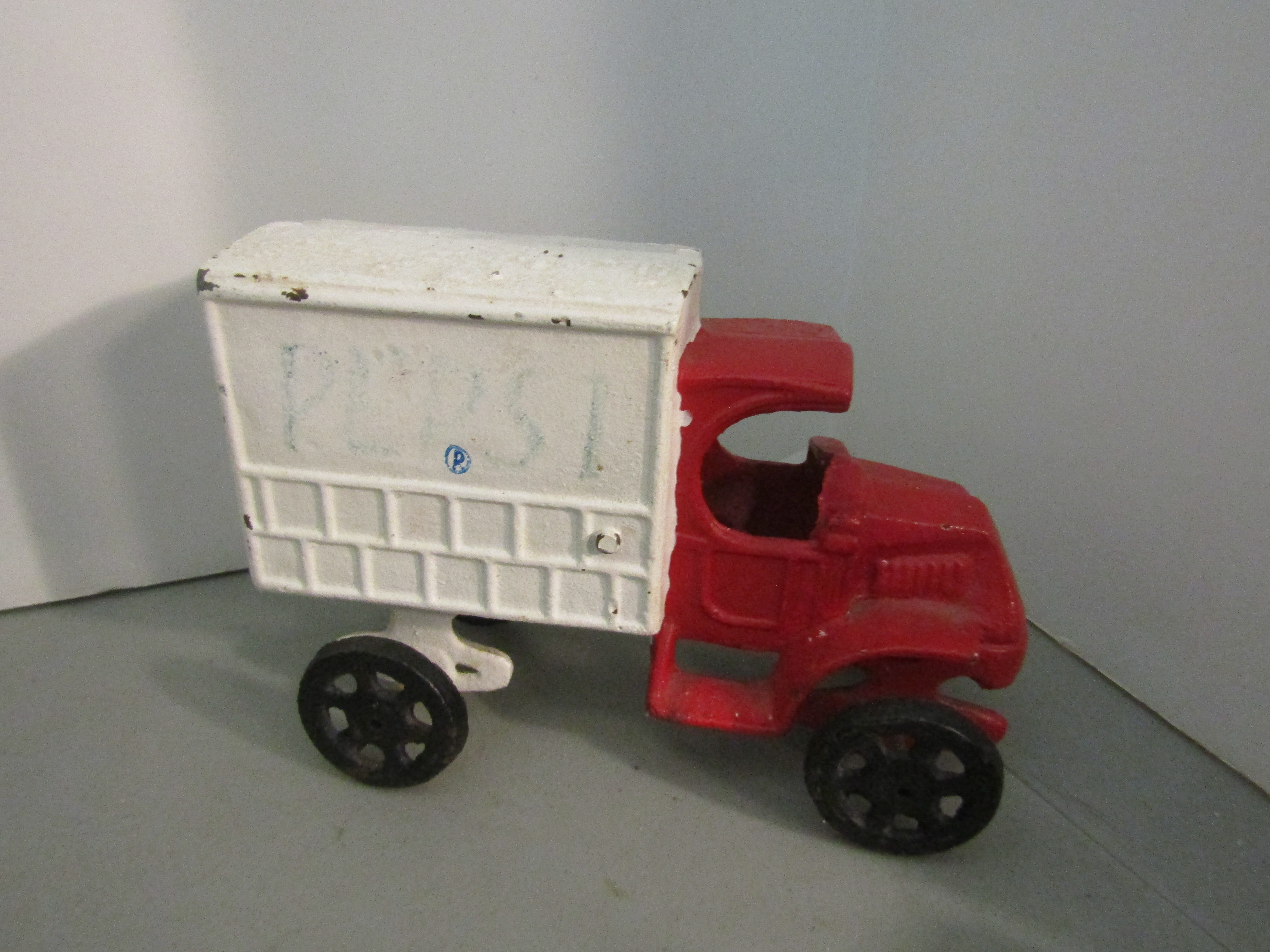 Vintage Red & White Cast Iron Diecast Box Truck
