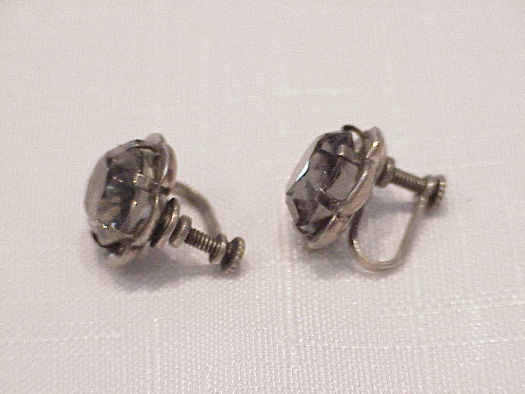 Vintage Mexican Sterling Silver Smoke Rhinestone Screwback Earrings