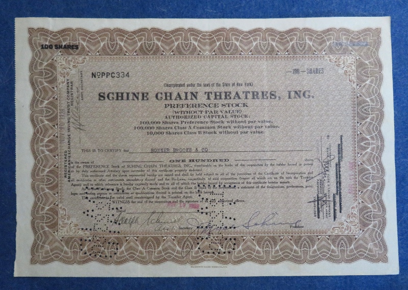1928 Schine Chain Theatres, Inc Stock Certificate