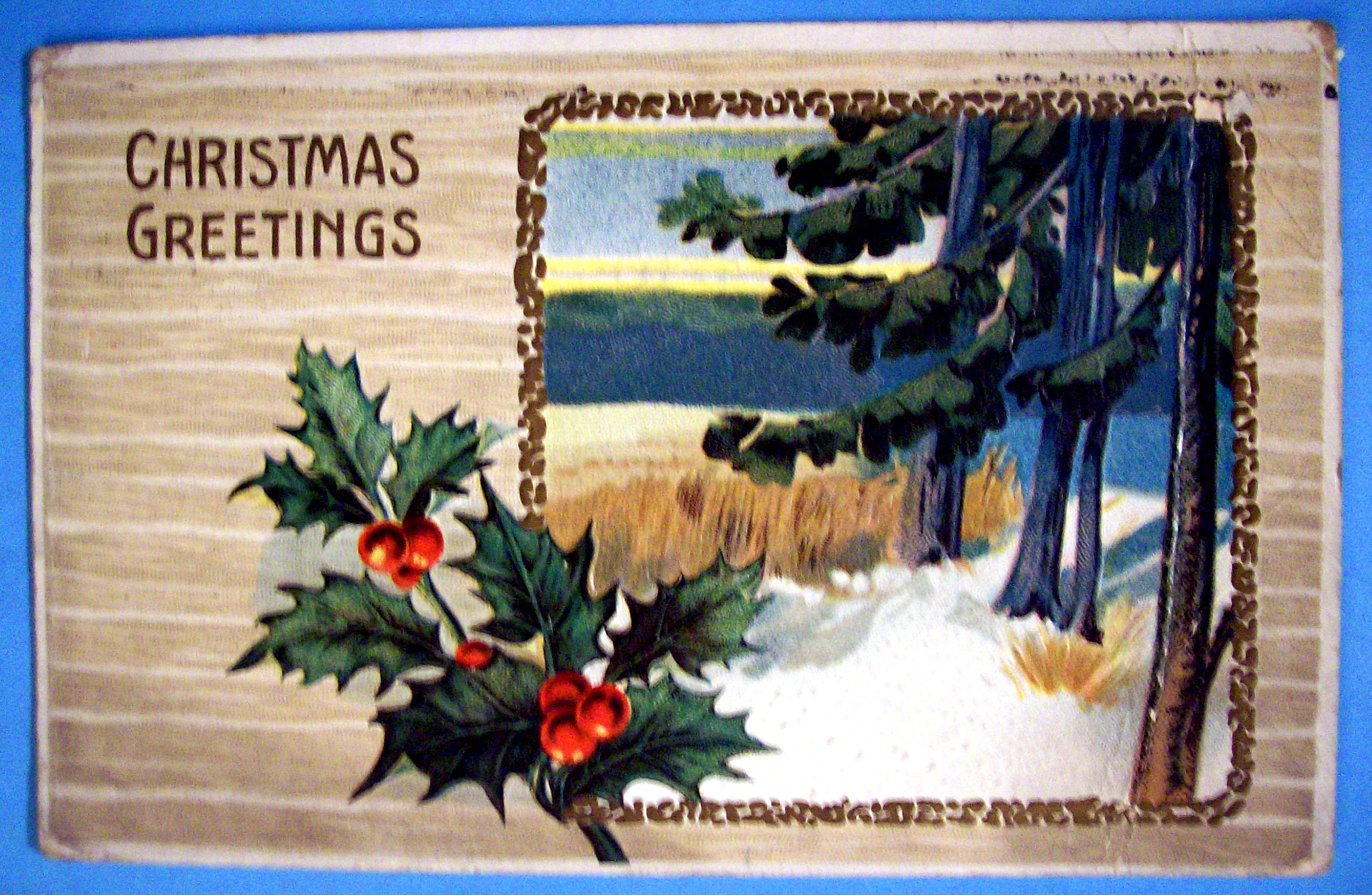 Christmas Greetings Postcard with Mistletoe & Outdoors