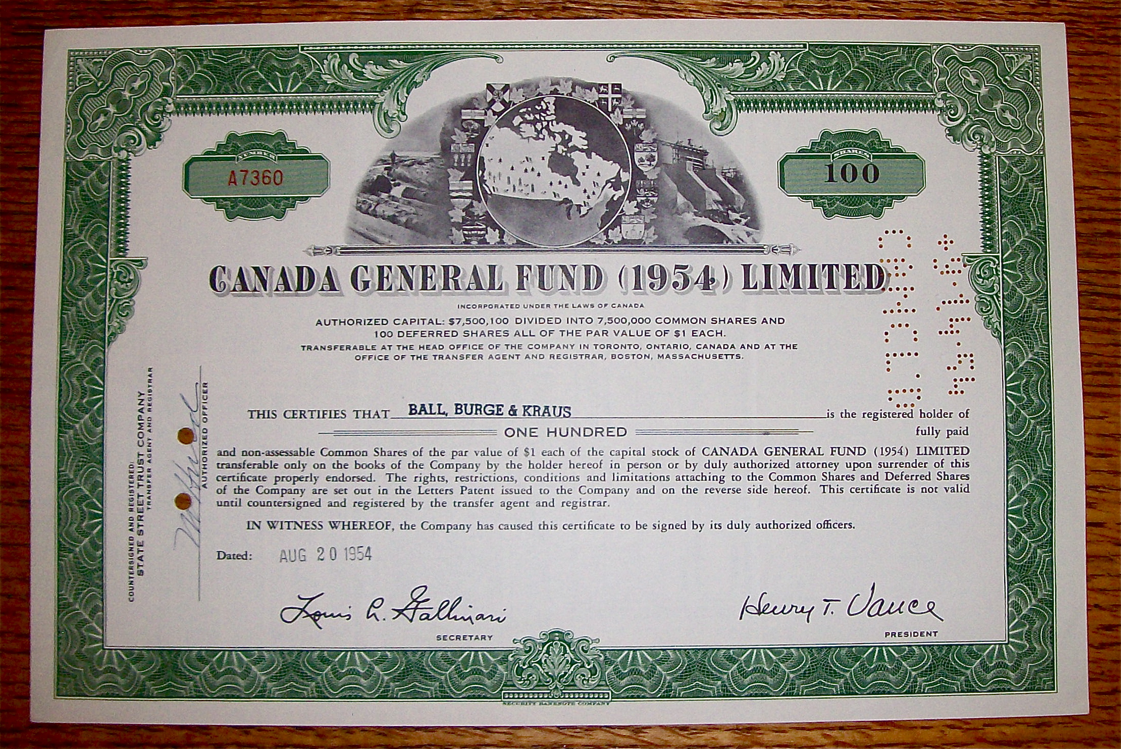 1954 Canada General Fund Limited Stock Certificate