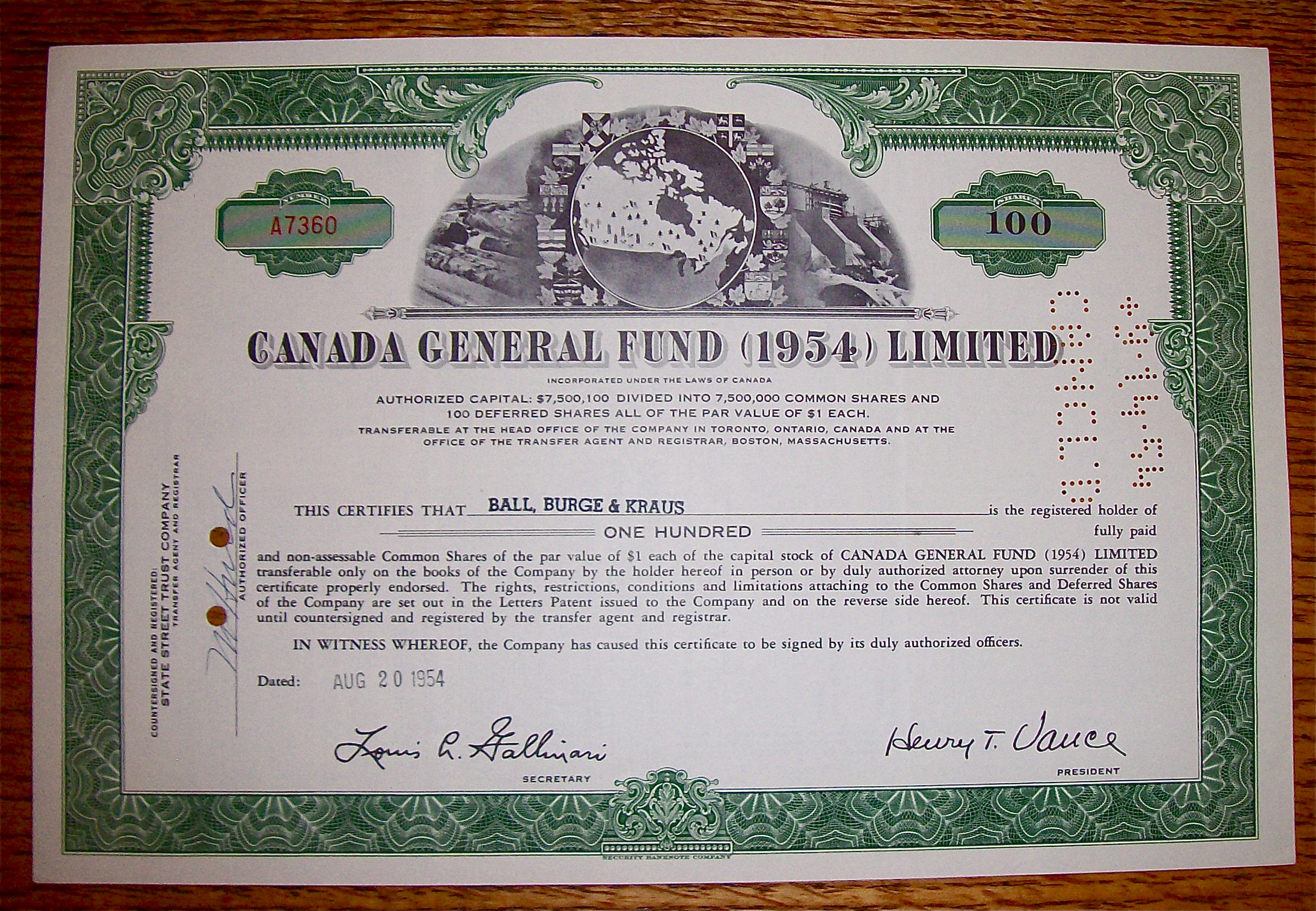 1954 Canada General Fund Limited Stock Certificate