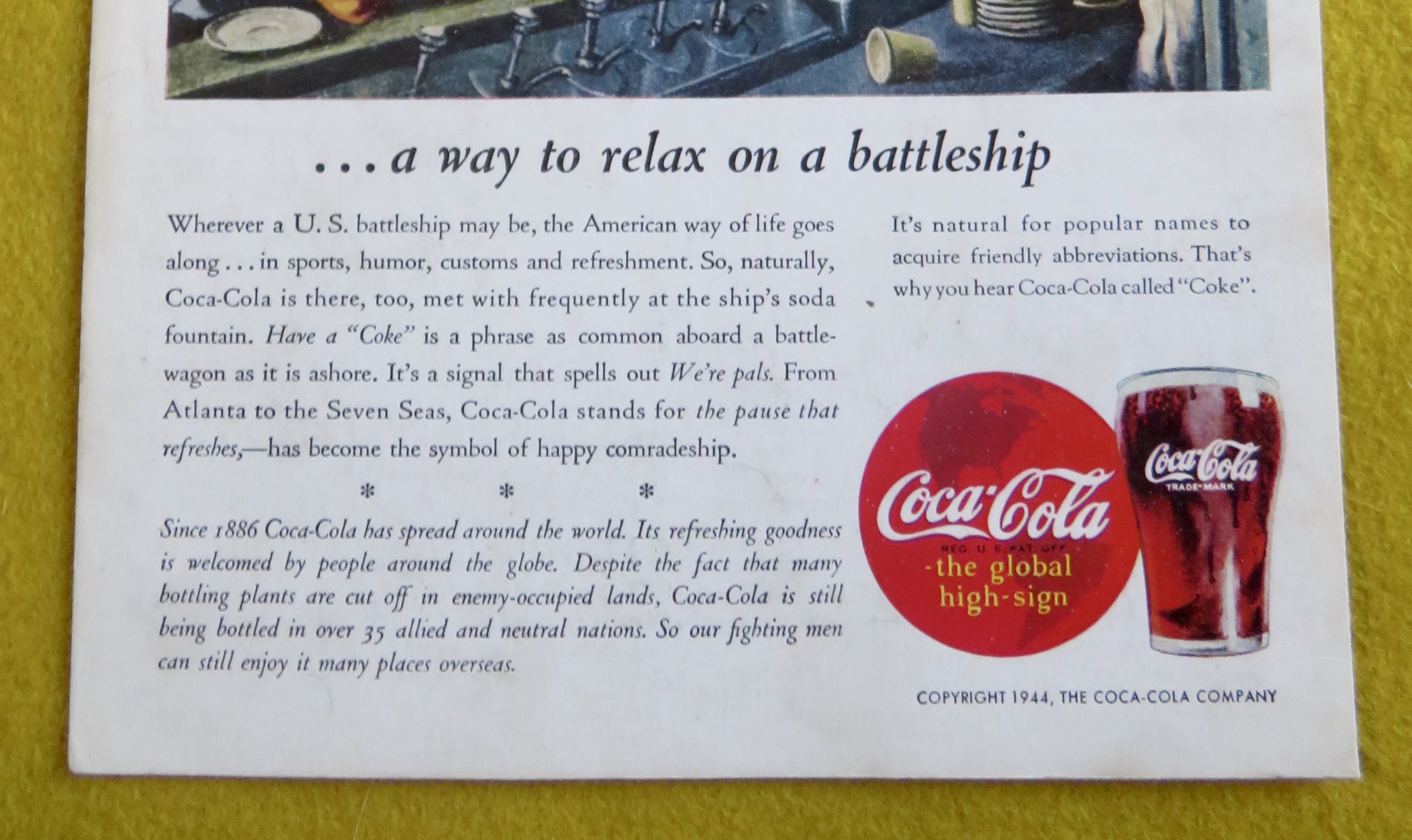 1944 Coca Cola (Coke) with Sailors on a Battleship