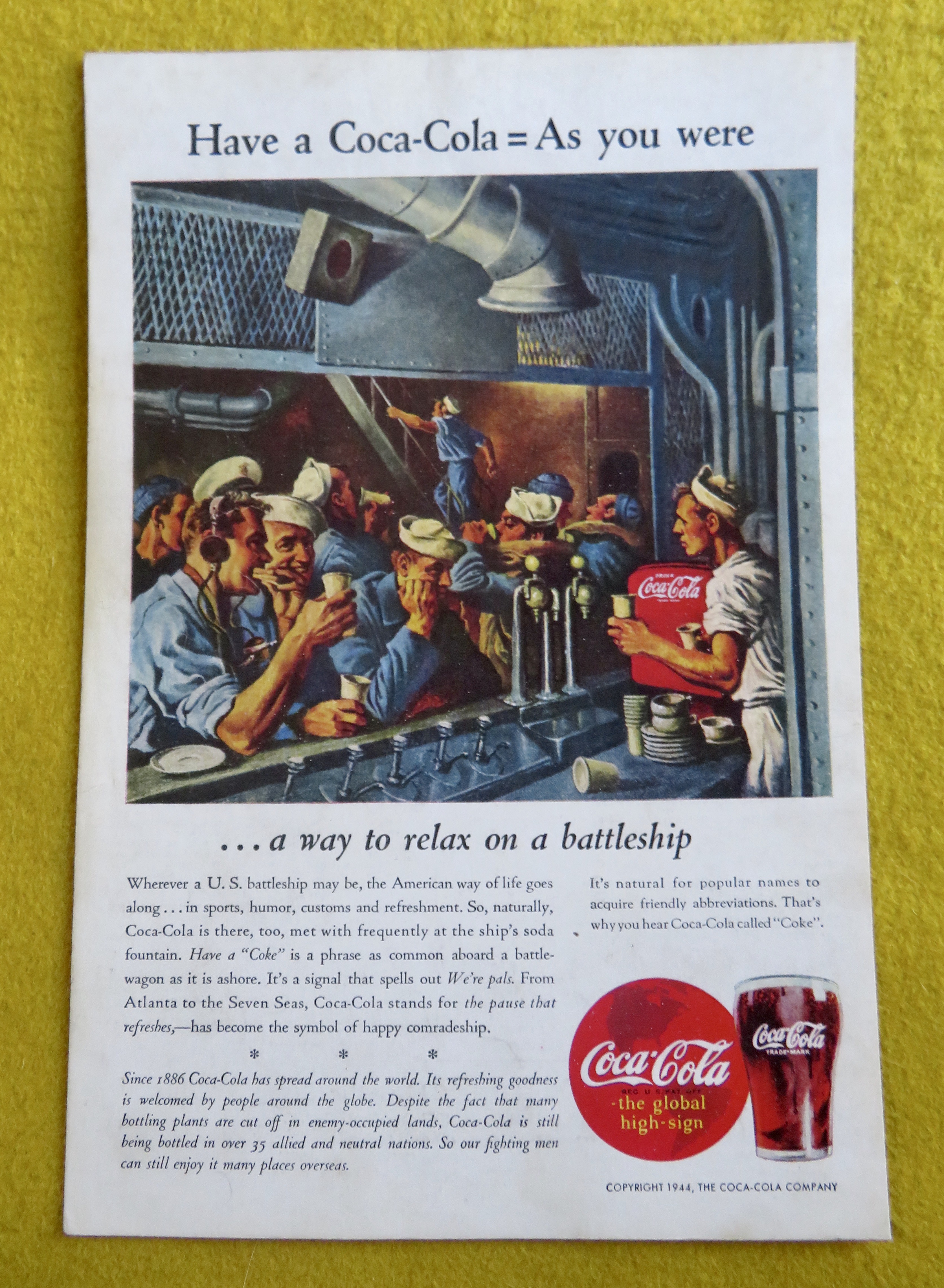 1944 Coca Cola (Coke) with Sailors on a Battleship