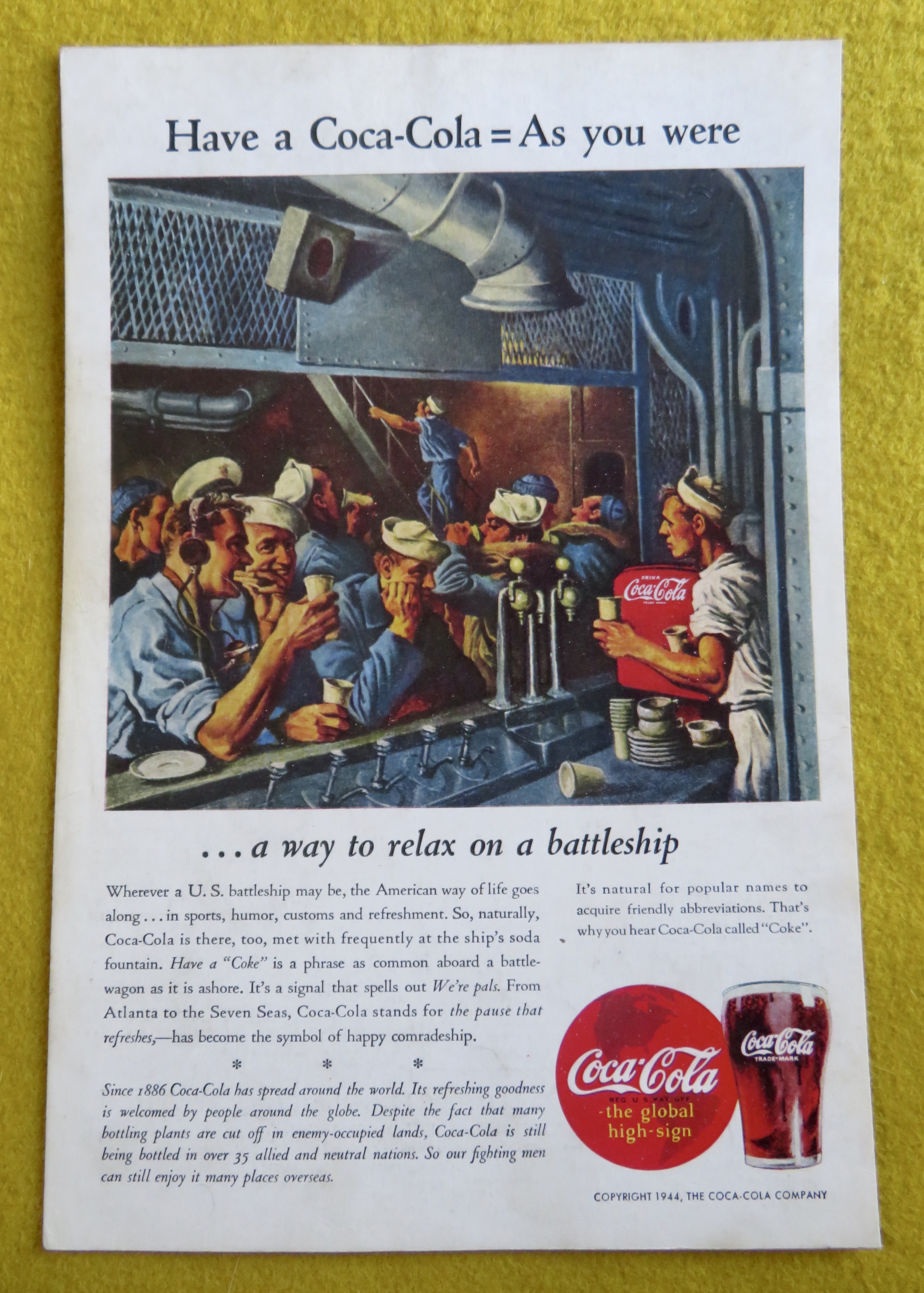 1944 Coca Cola (Coke) with Sailors on a Battleship