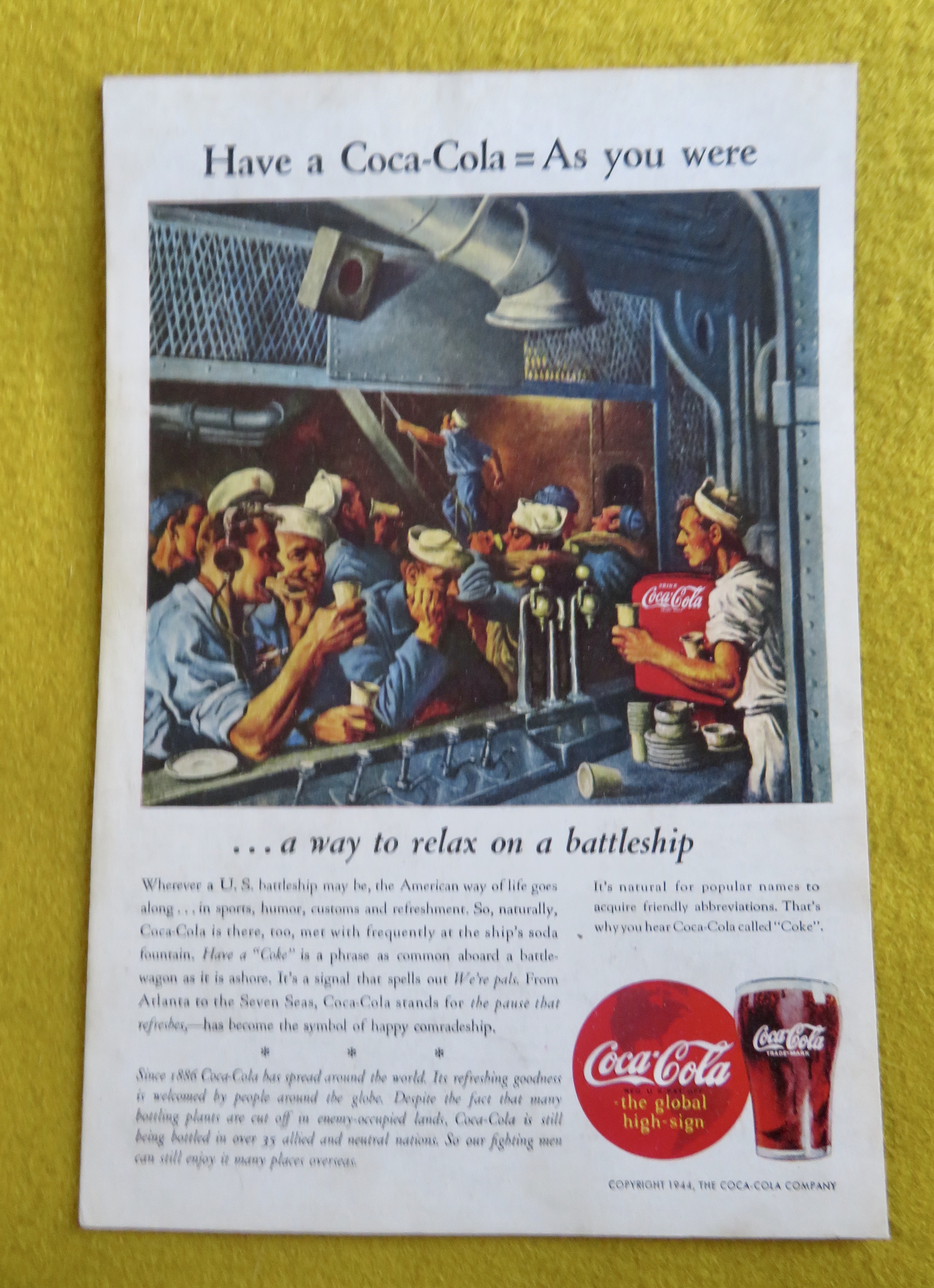 1944 Coca Cola (Coke) with Sailors on a Battleship