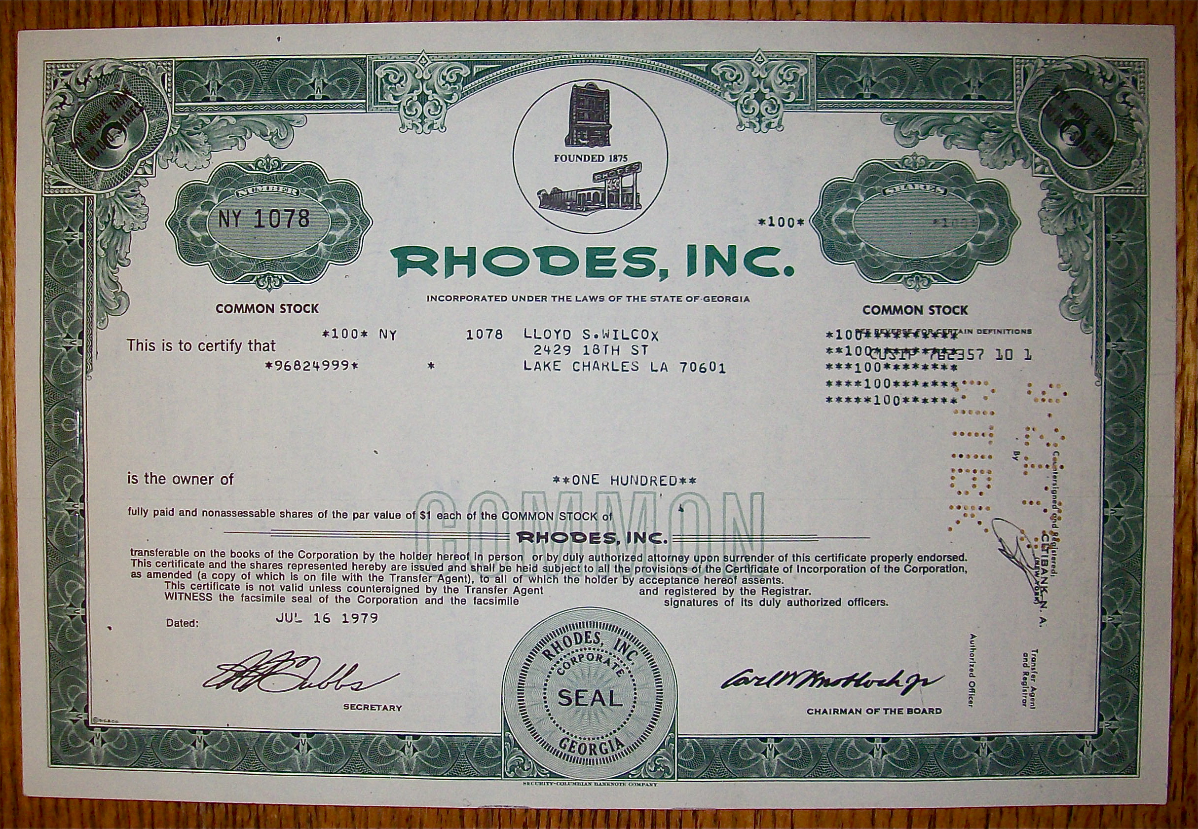 1979 Rhodes Inc Stock Certificate