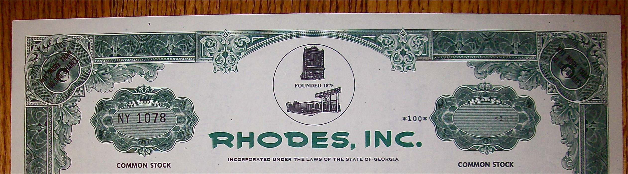 1979 Rhodes Inc Stock Certificate