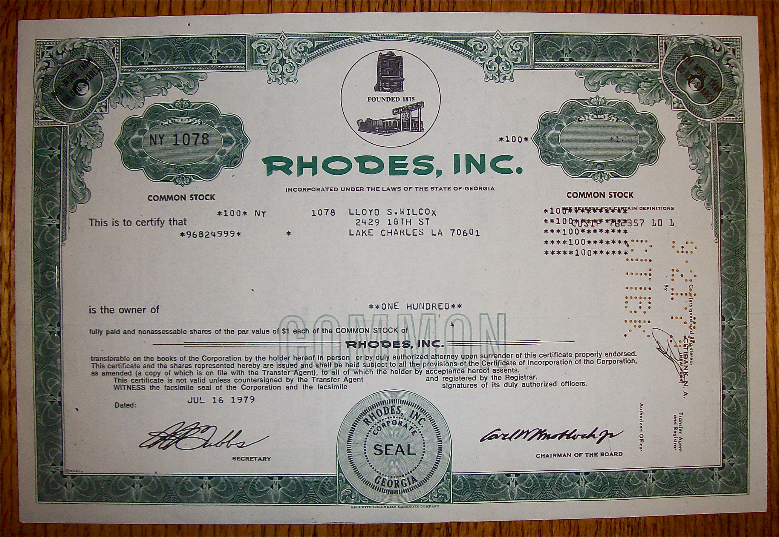 1979 Rhodes Inc Stock Certificate