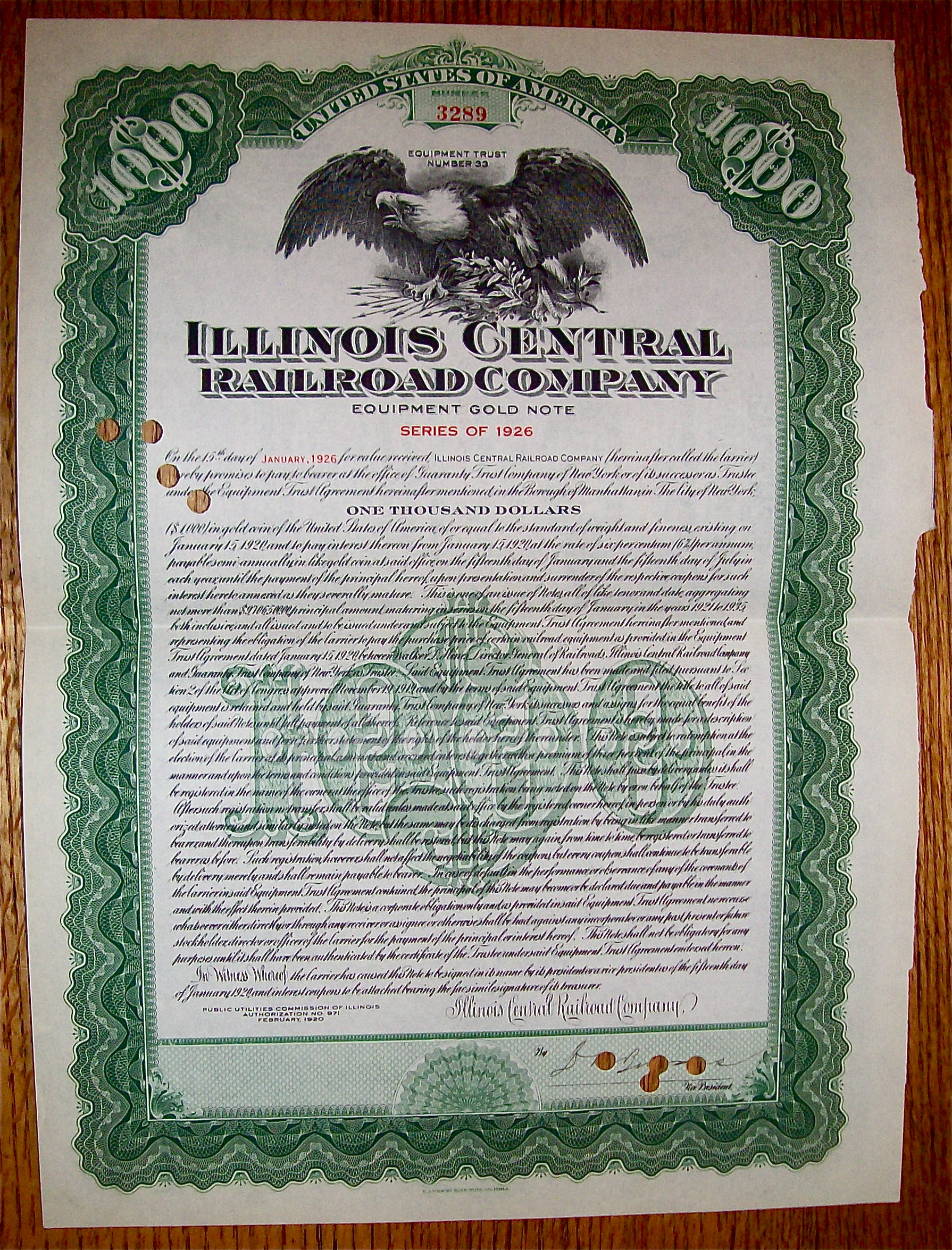 1920 Illinois Central Railroad Company Stock