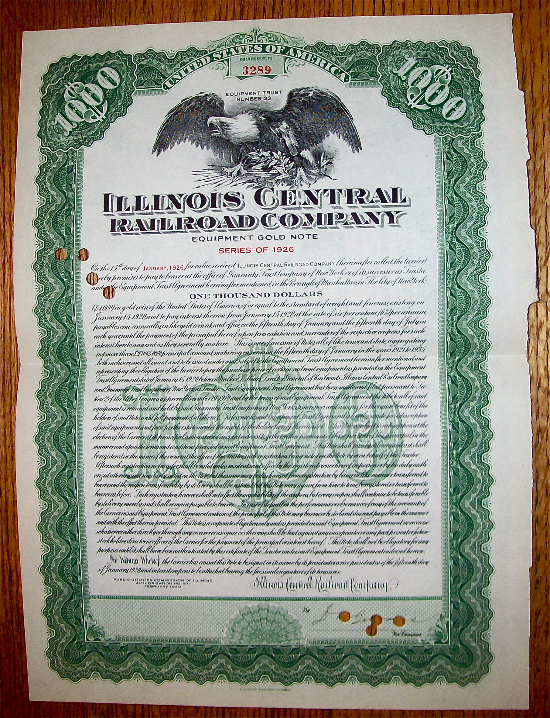 1920 Illinois Central Railroad Company Stock