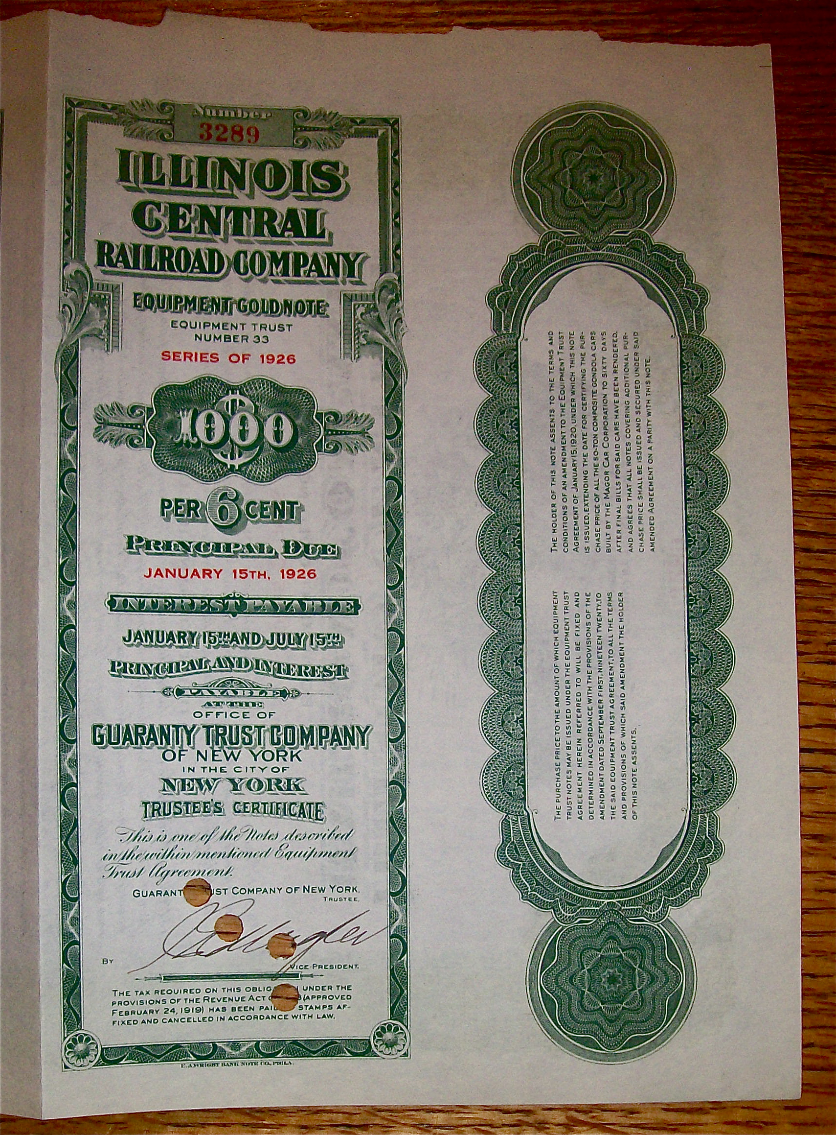 1920 Illinois Central Railroad Company Stock
