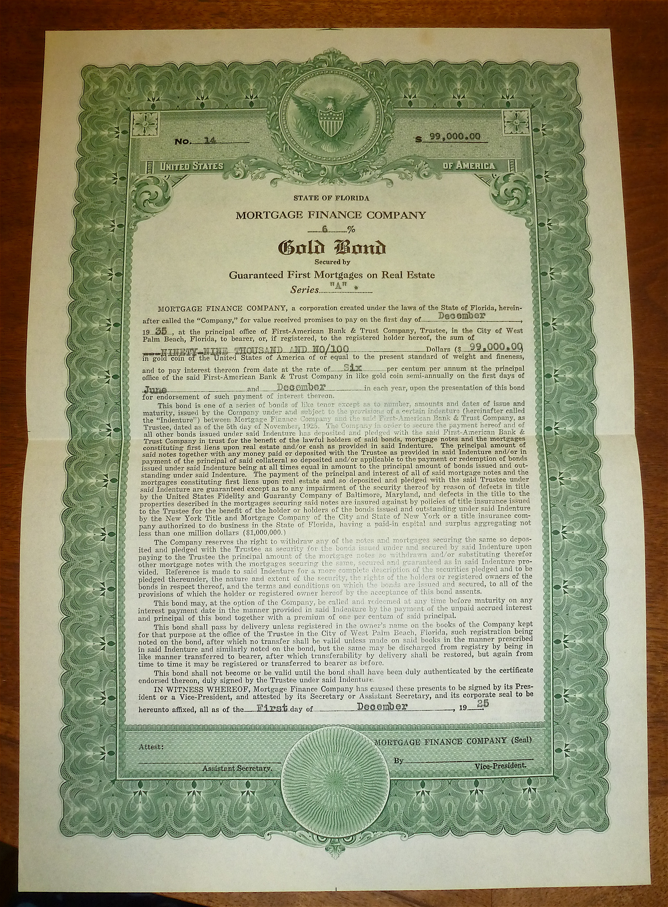 1925 Mortgage Finance Co. Gold Bond
