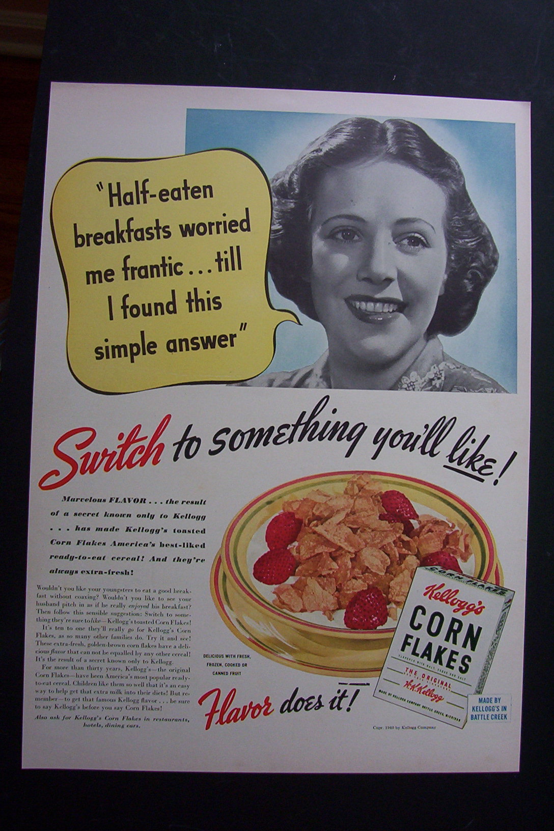 1940 Kellogg's Corn Flakes Cereal with a Worried Mom