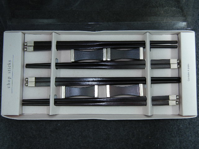 4 Pair fancy chop stick in box with rests