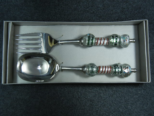 Foreside blown glass handled serving fork and spoon