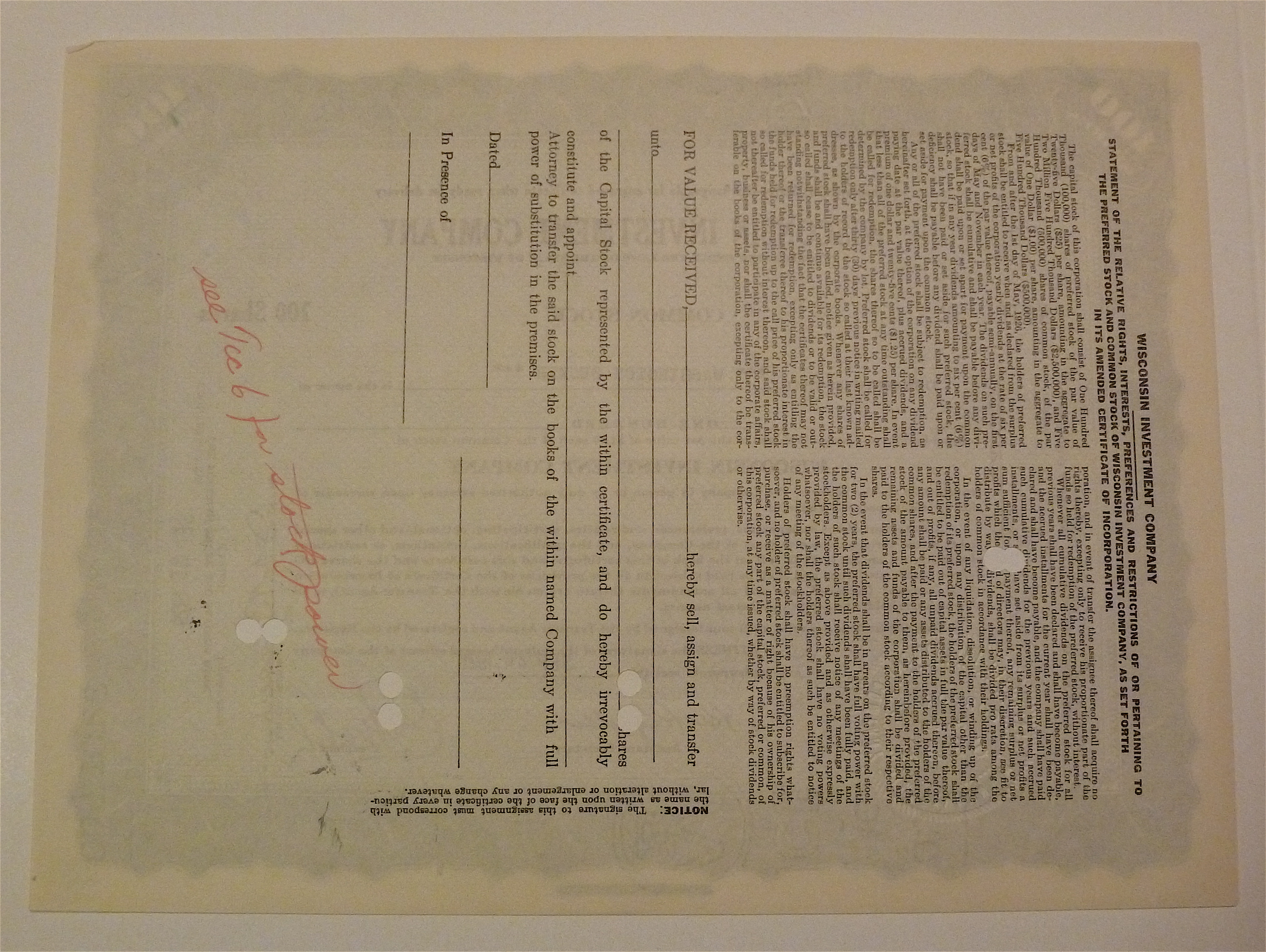 1929 Wisconsin Investment Company Stock Certificate