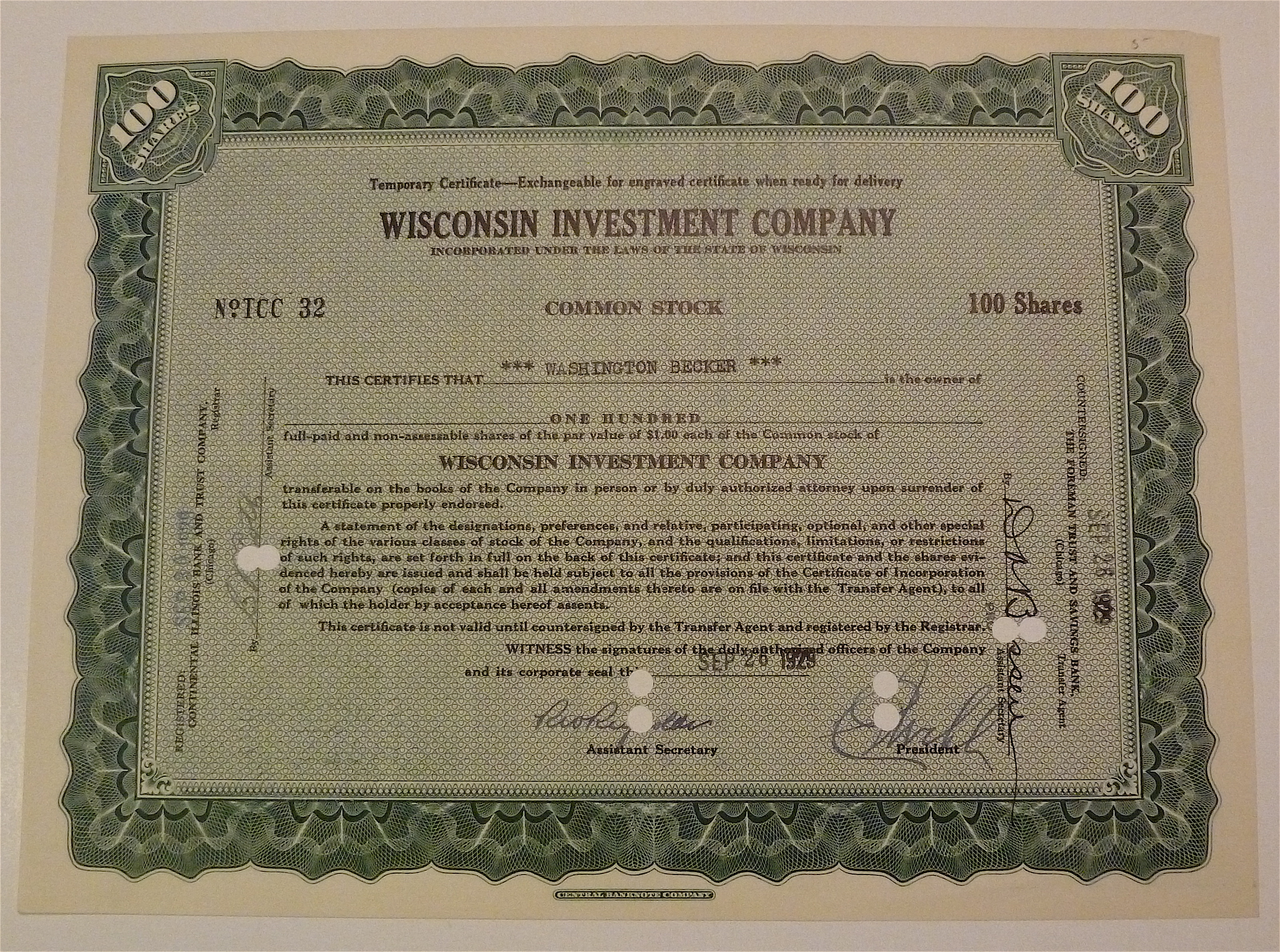 1929 Wisconsin Investment Company Stock Certificate