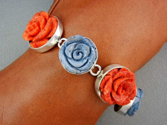 Charles Albert Sterling Silver Red Blue Coral Bracelet