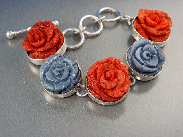Charles Albert Sterling Silver Red Blue Coral Bracelet