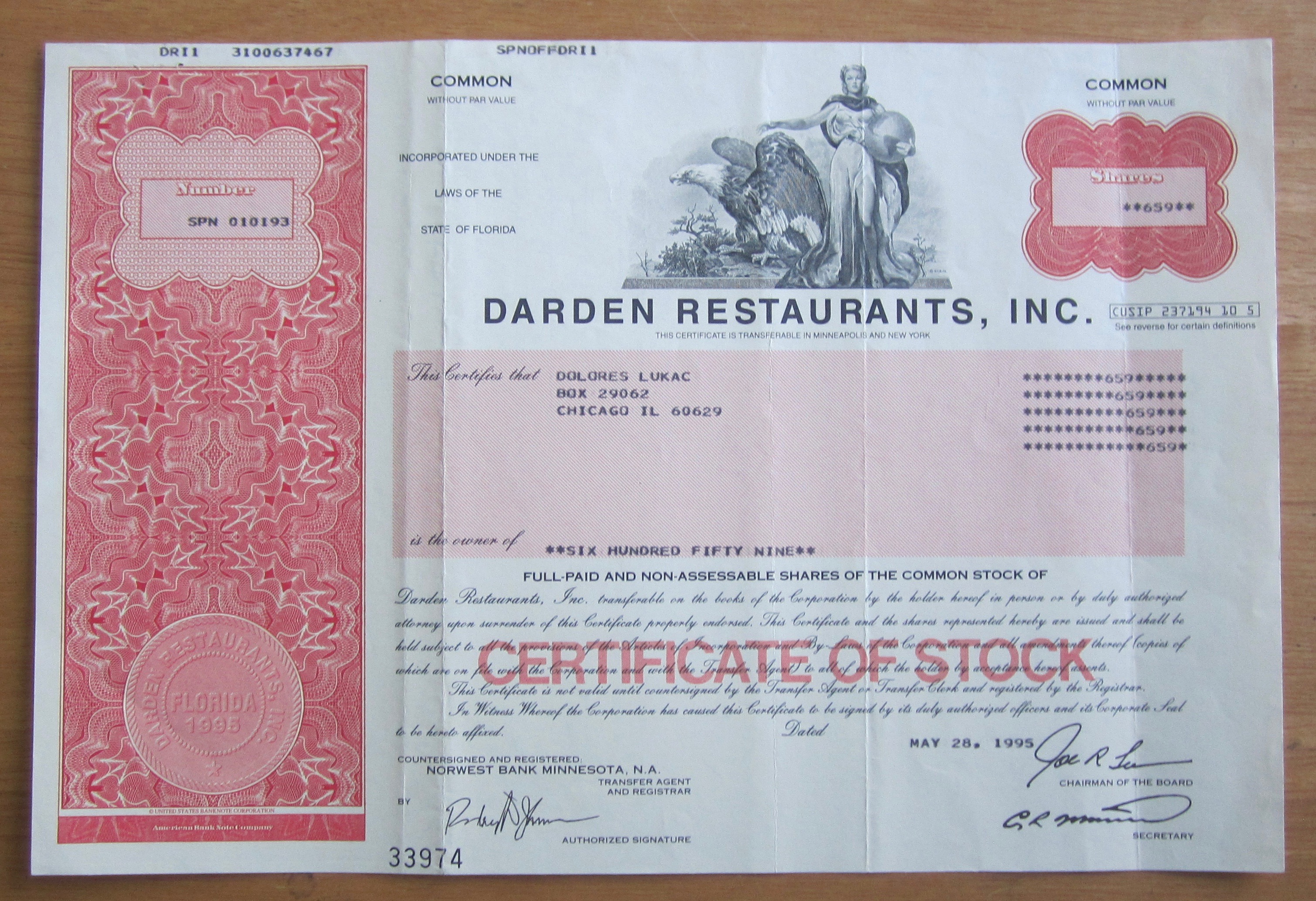 1995 Darden Restaurants Inc Stock Certificate