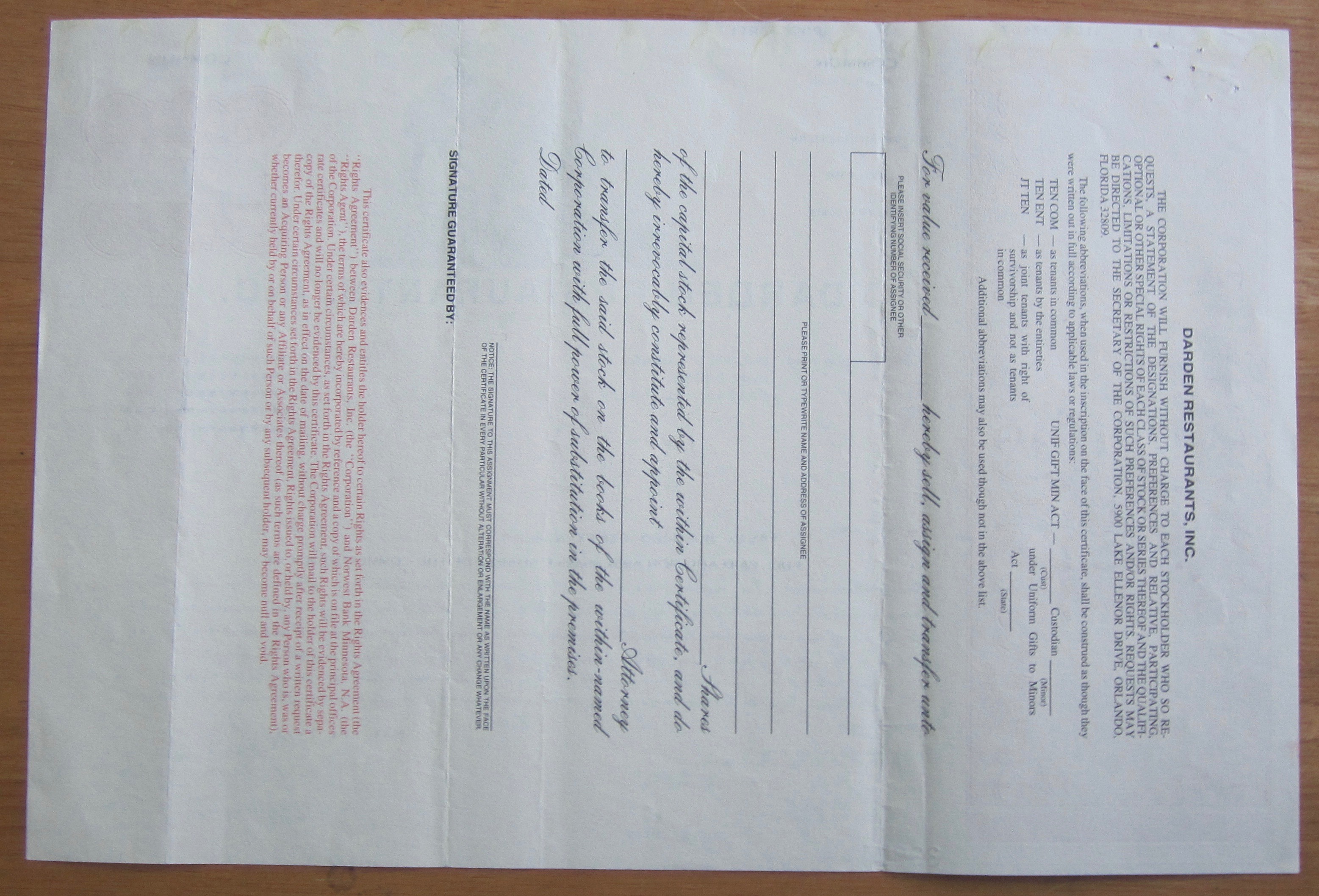 1995 Darden Restaurants Inc Stock Certificate