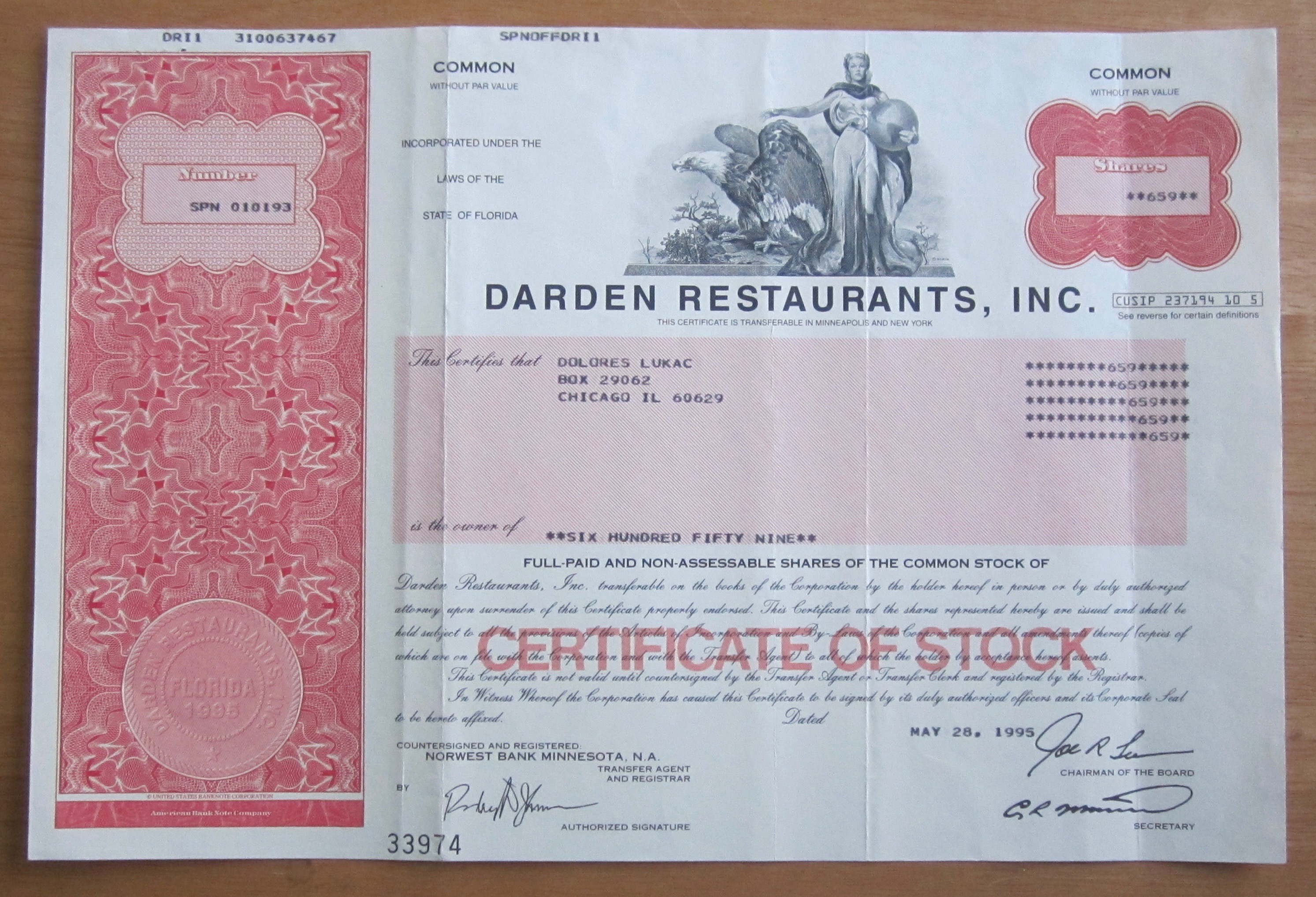 1995 Darden Restaurants Inc Stock Certificate