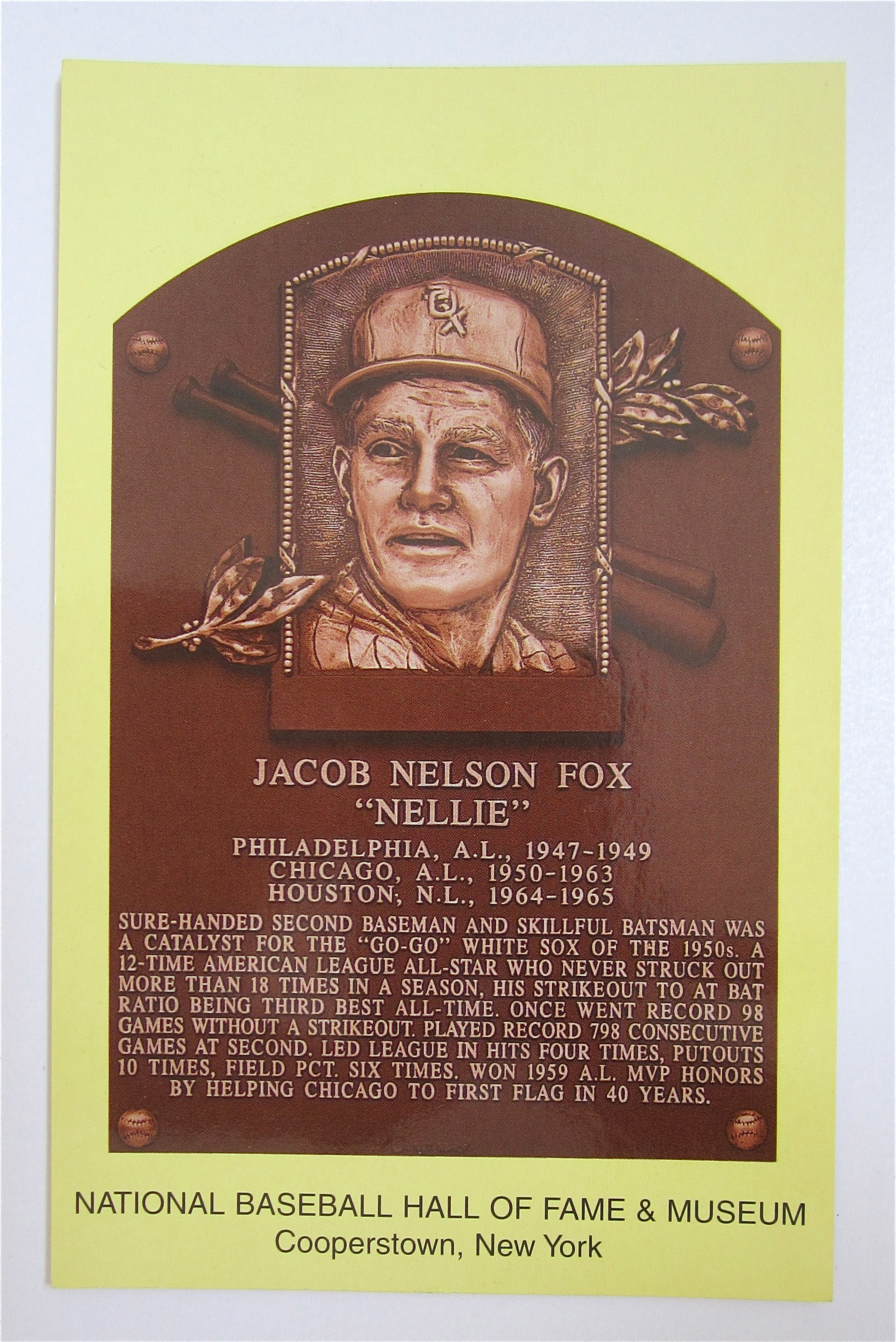Nellie Fox Hall Of Fame Cooperstown Plaque Postcard