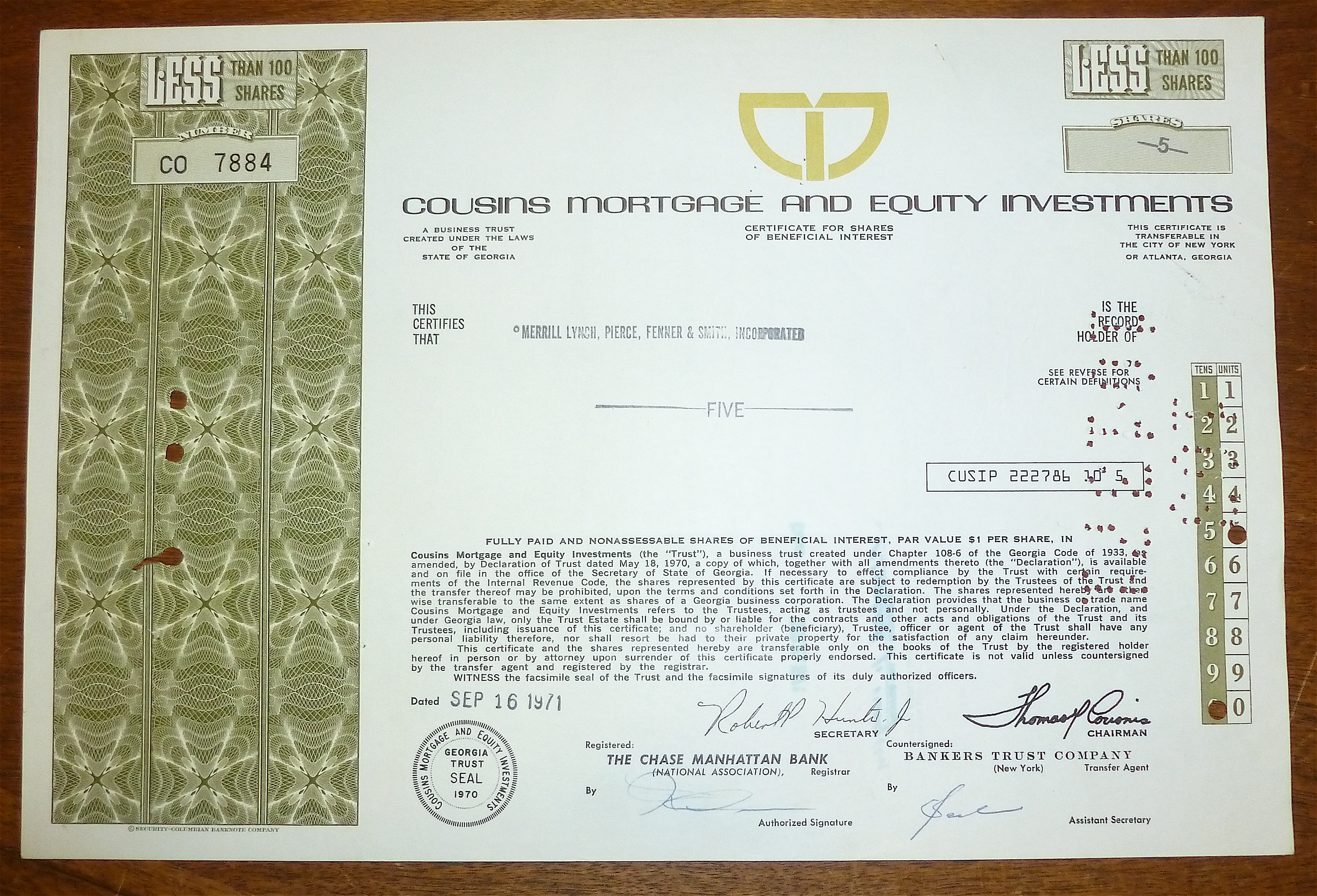 1971 Cousins Mortgage & Equity Investments Stock