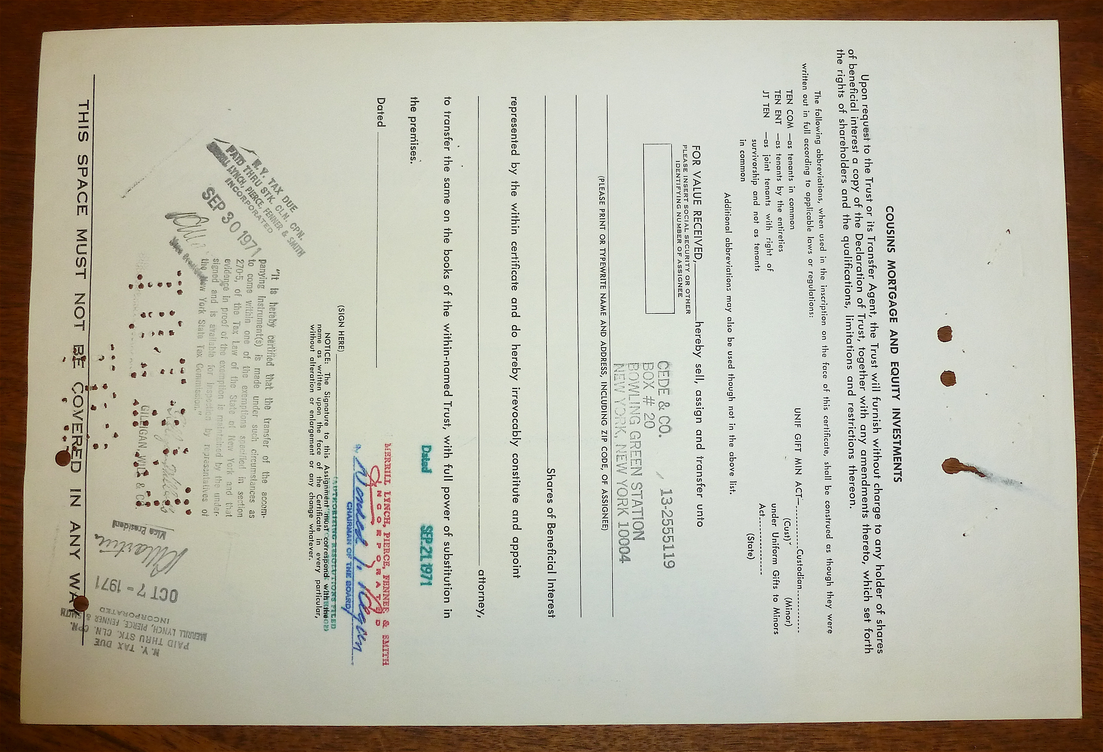1971 Cousins Mortgage & Equity Investments Stock