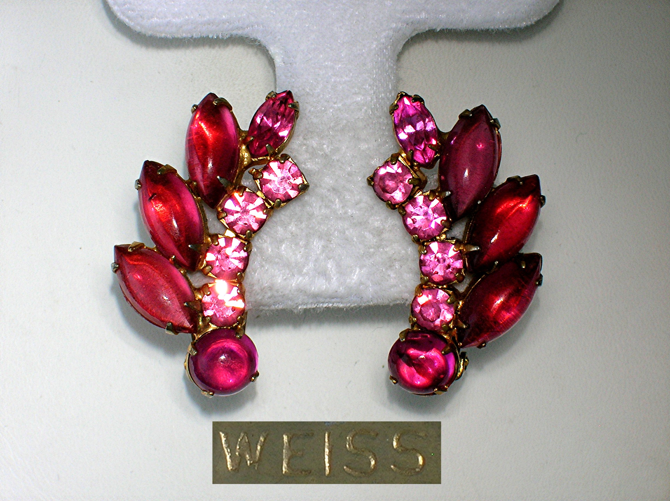 WEISS Pink Crystal Clip Earrings 1 1/2 inch
