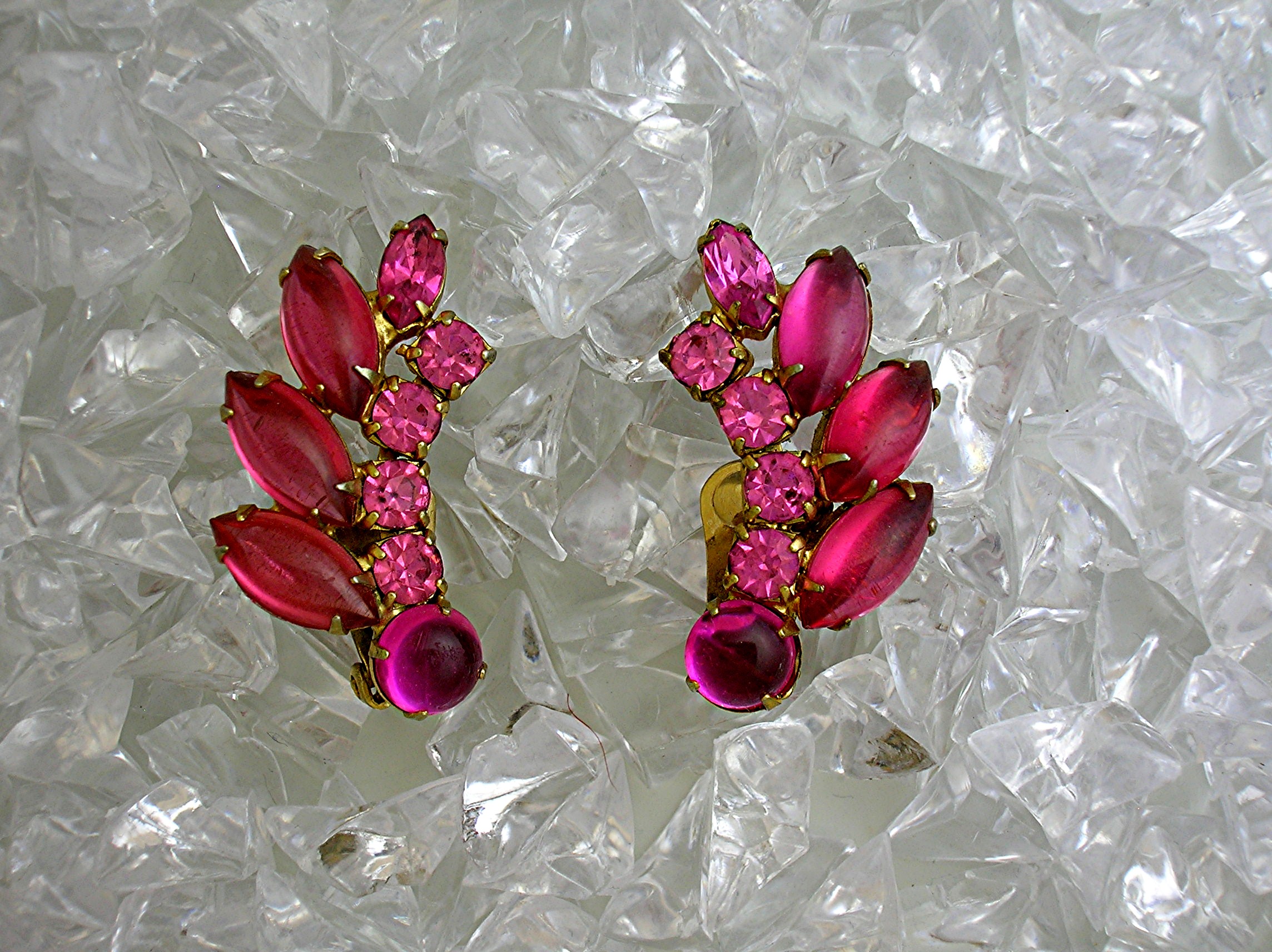 WEISS Pink Crystal Clip Earrings 1 1/2 inch